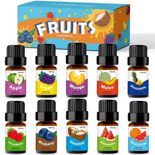 Fruity Fragrance Oil for Candle & Soap Making, Holamay Premium Fruit Essential Oils, 10 x 5ml - Coconut, Strawberry, Mango, Pineapple and More Diffuser Oil Scents, Summer Aromatherapy Oils Set - Medaid International