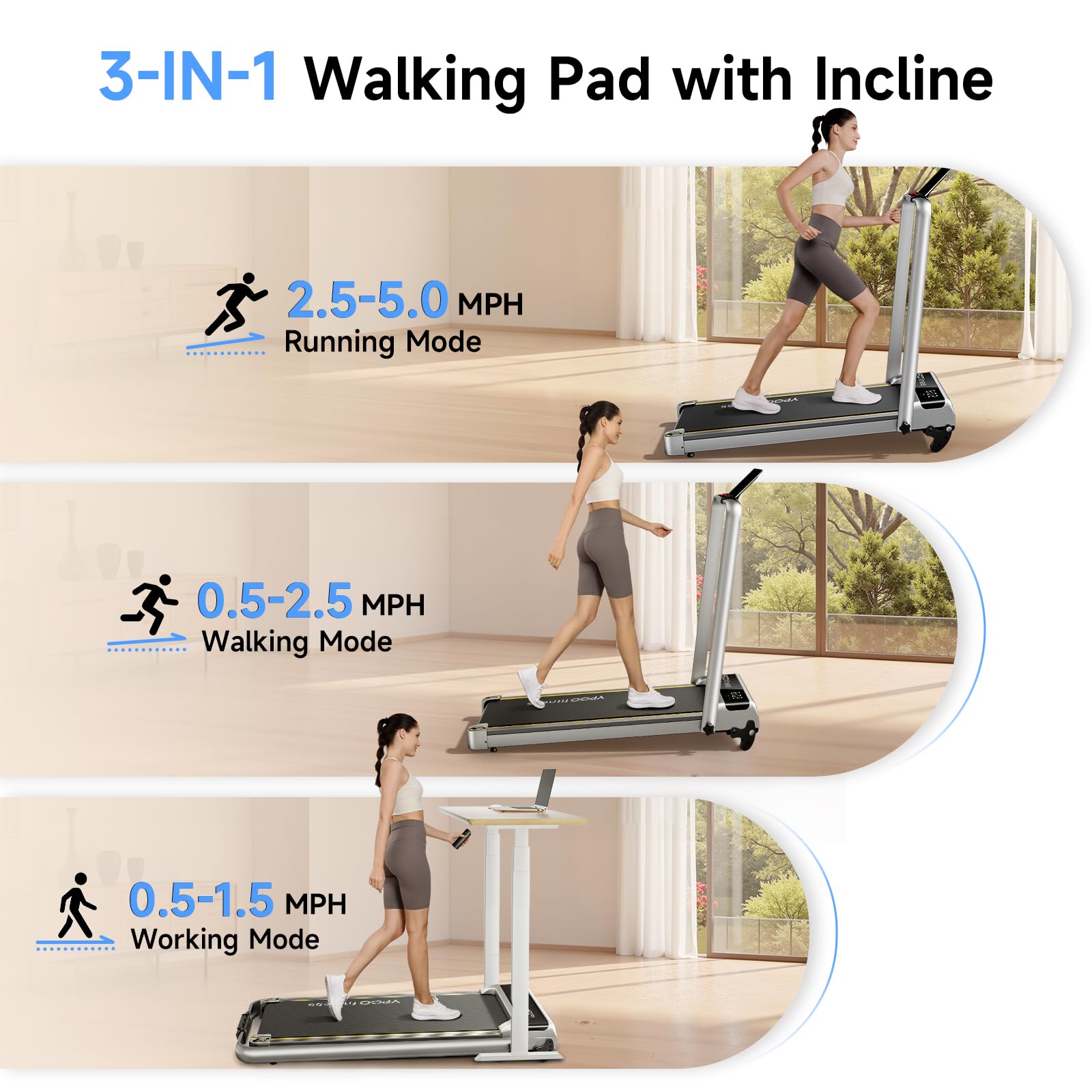 YPOO Walking Pad with Handles, Walking Pad Treadmill with Incline, 2 in 1 Foldable Treadmills for Home Small Spaces, Portable Under Desk Treadmill with 3-Level Incline, Compact Design - Medaid International