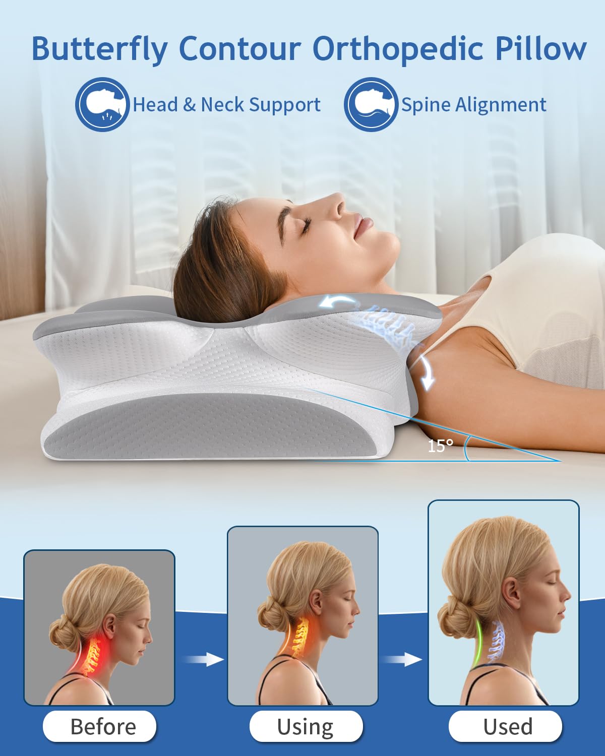 Tujami Cervical Neck Pillow for Neck Shoulder Pain Relief, Soft Contour Side Sleeper Pillow of 2 Heights, Odorless Q-max Cooling Memory Foam Orthopedic Bed Pillow for Back Stomach Sleeper - Medaid International