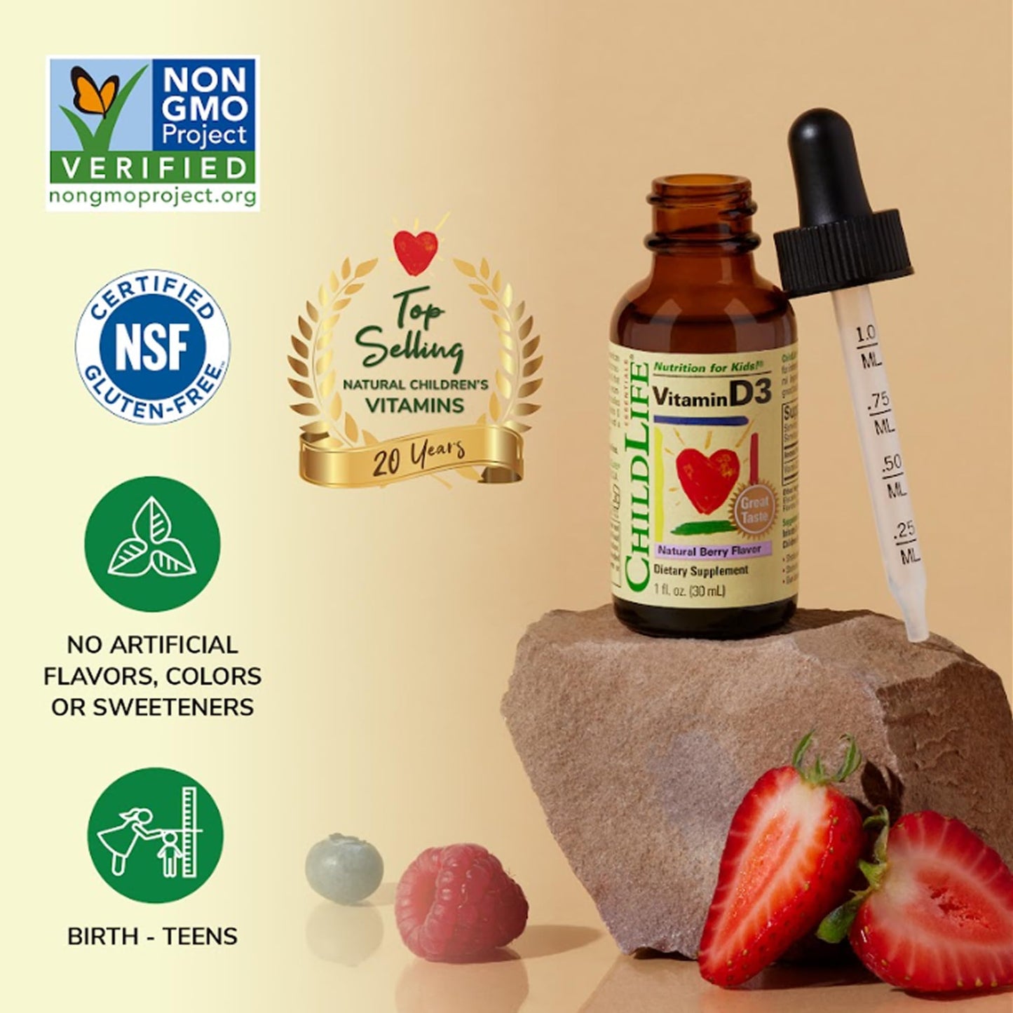 CHILDLIFE ESSENTIALS Vitamin D3 Drops for Kids, Children, & Toddlers - Liquid Vitamin D Drops, 500 IU per Drop, Immune & Bone Health Support, Natural Berry - 1 Fl Oz (Pack of 1) - Medaid International