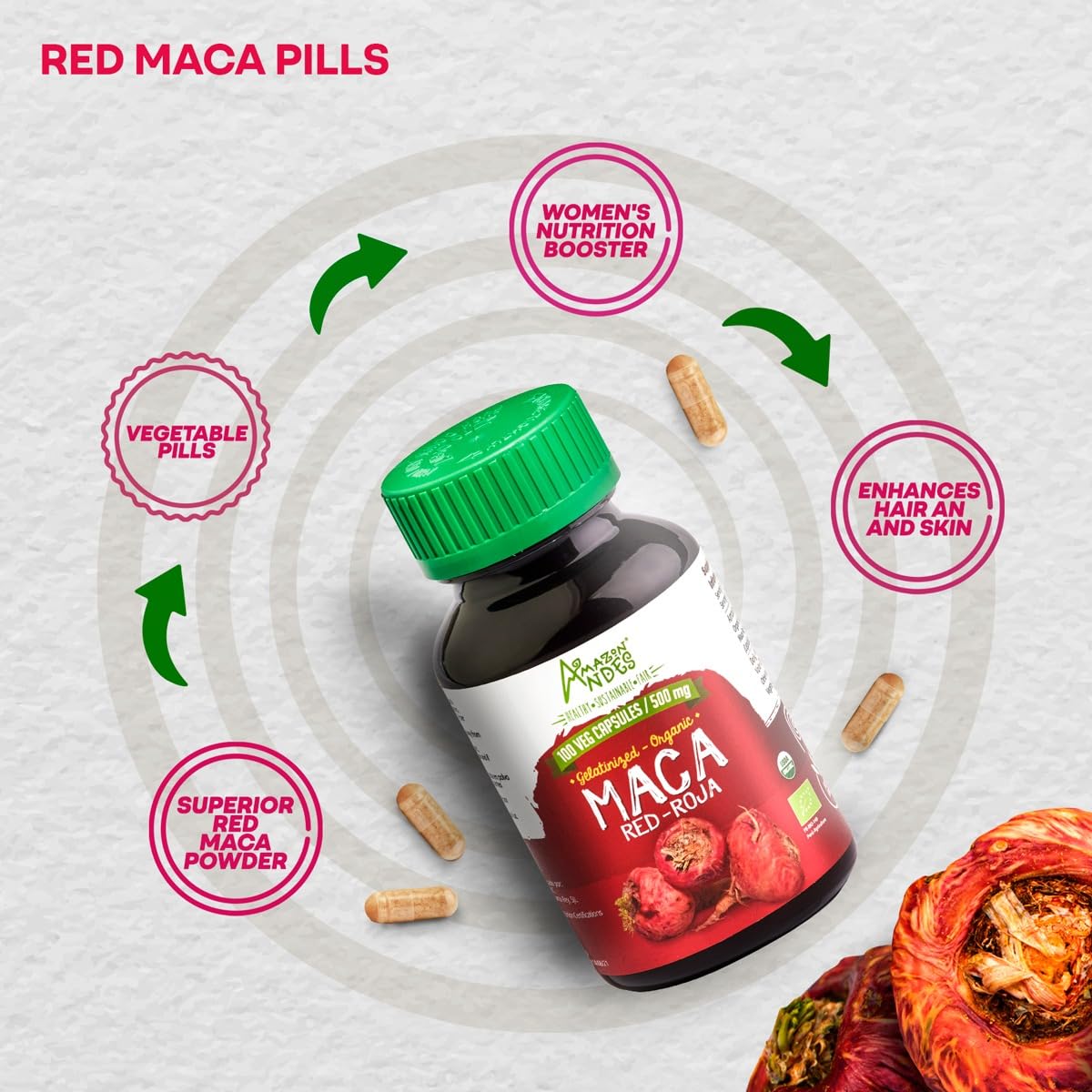 Amazon Andes Red maca Root Capsules - Female Health Supplement - Natural Energizer - USDA NOP Certified - Genitalized, Non GMO & Gluten Free - 100 Vegan Pills (1500mg per Serving) - Made in Peru - Medaid International