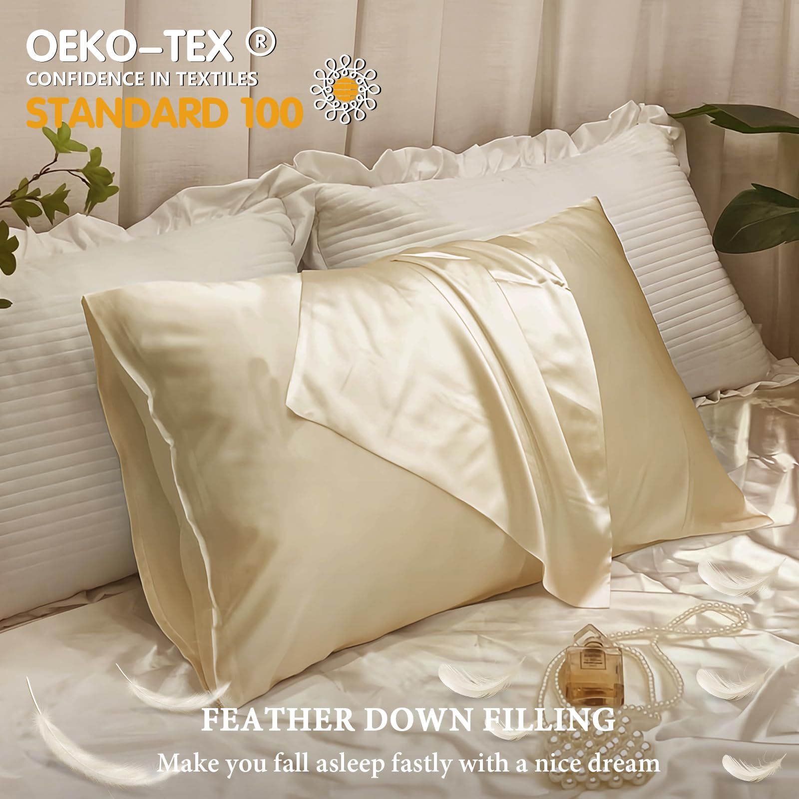 BHZ Satin Goose Down Feather Pillows King Size with Beige Satin Pillowcase for Hair and Skin, Cooling Pillow Cases Similar to Silk Pillow Cases, Christmas Decorative Gifts for Women, Mom Men - Medaid International