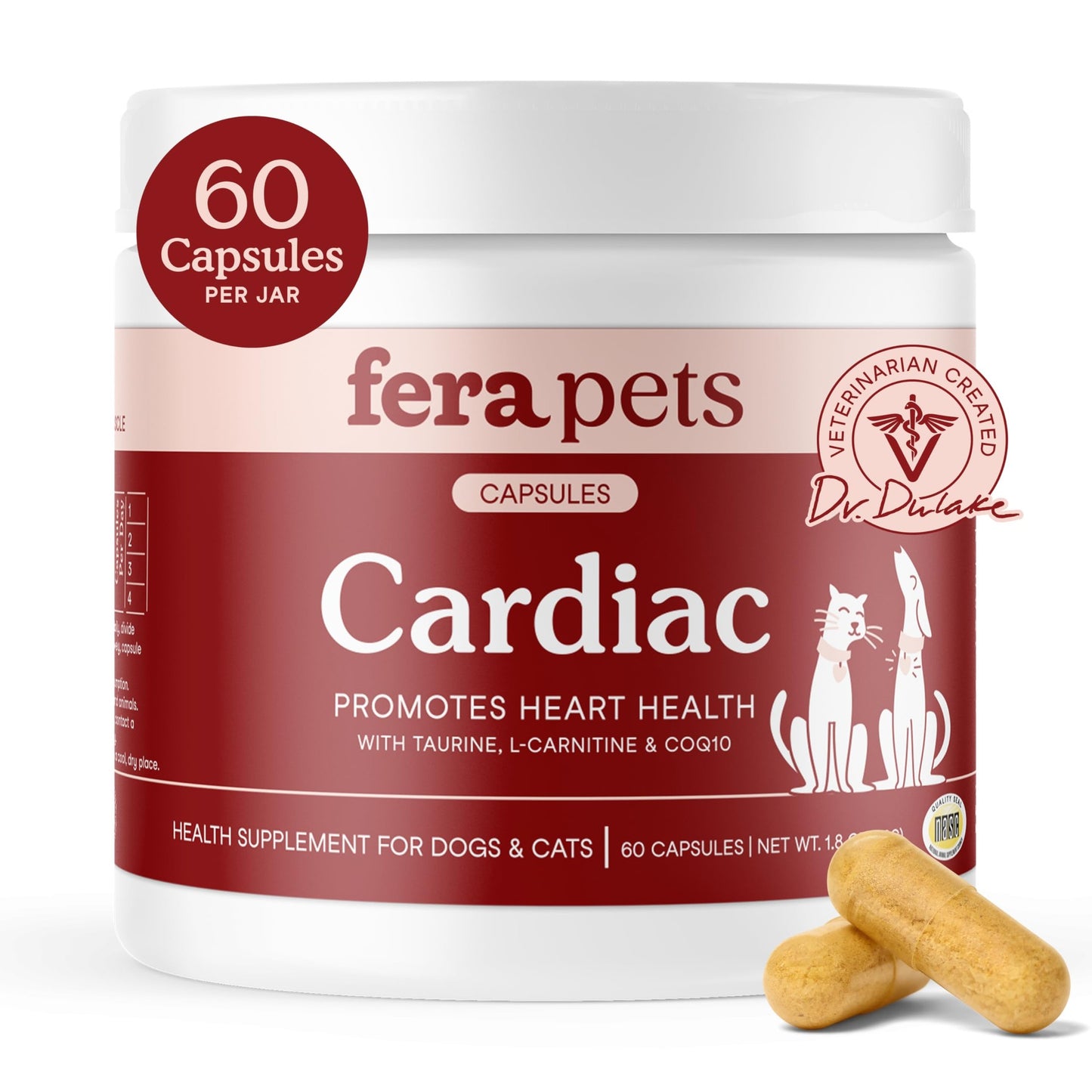 Fera Pets Cardiac Support - Cat & Dog Heart Supplement with Taurine, L-Carnitine, & CoQ10 - Promotes Normal Circulation and Heartbeat - 60 Capsules