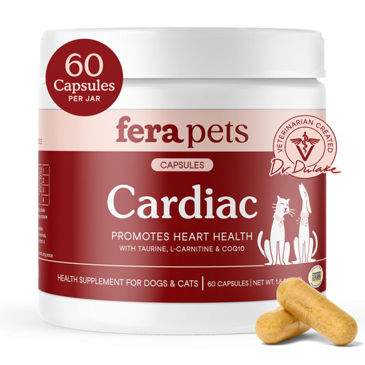 Fera Pets Cardiac Support - Cat & Dog Heart Supplement with Taurine, L-Carnitine, & CoQ10 - Promotes Normal Circulation and Heartbeat - 60 Capsules