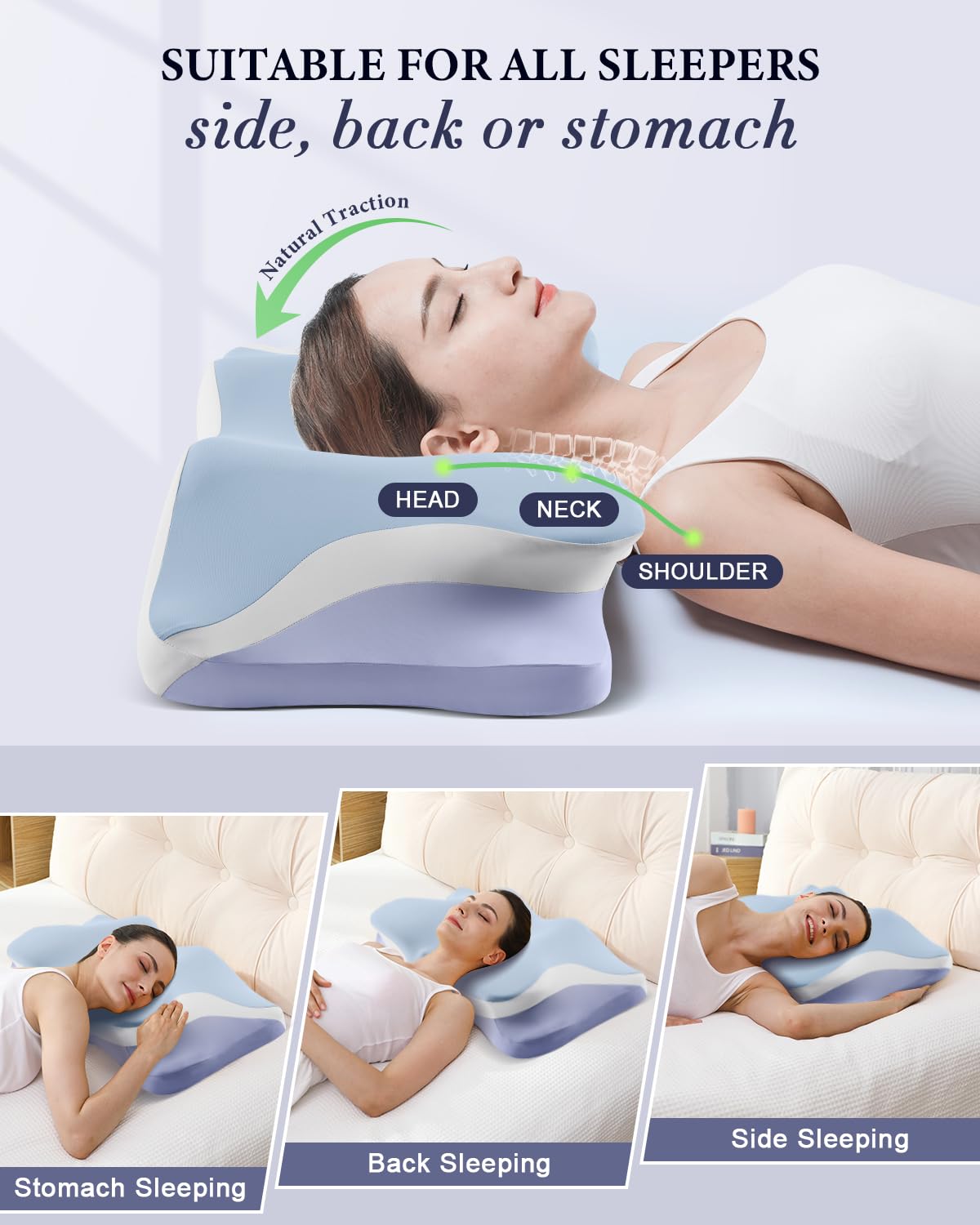 Cervical Pillow for Neck Pain Relief, Cooling Ergonomic Memory Foam Pillows for Sleeping with Luxury Anti-pilling Pillowcase, Contour Orthopedic Neck Support Pillow for Side Back Stomach Sleepers-Blue - Medaid International