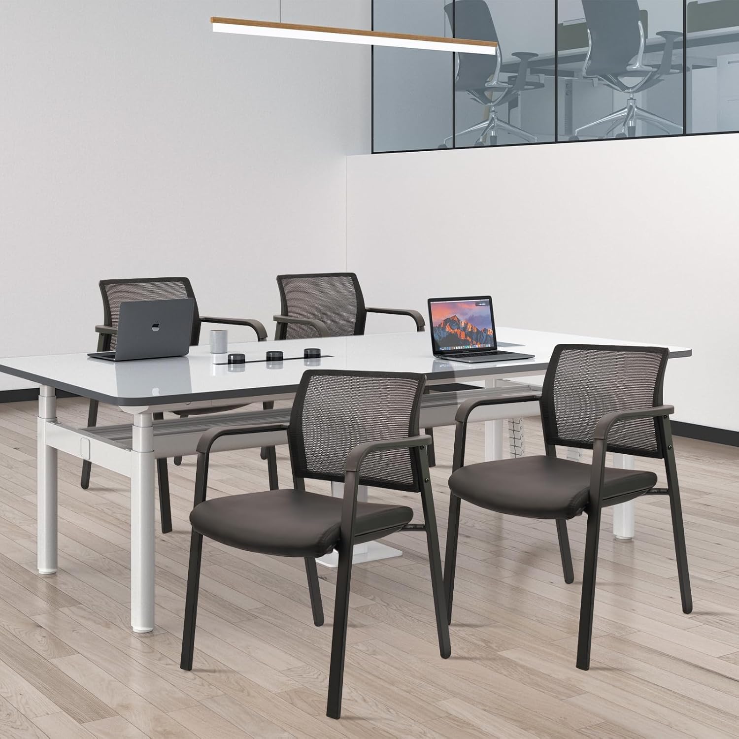 CLATINA Stackable Office Chair, Mesh Back Guest Chairs with Comfortable Leather Seat Arms Stacking Ergonomic Desk Chair No Wheels for Conference Waiting Reception School Stationary, Black, Set of 8 - Medaid International