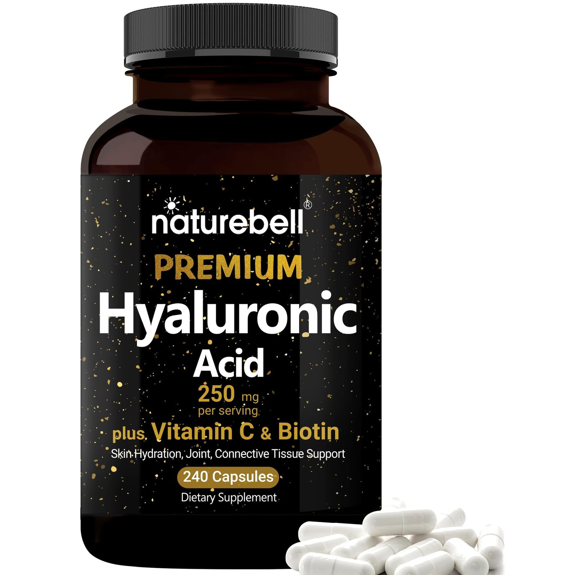 NatureBell Hyaluronic Acid Supplements 250mg | 240 Capsules, with Biotin 5000mcg & Vitamin C 25mg, 3 in 1 Support - Skin Hydration, Joint Lubrication, Hair and Eye Health - Medaid International