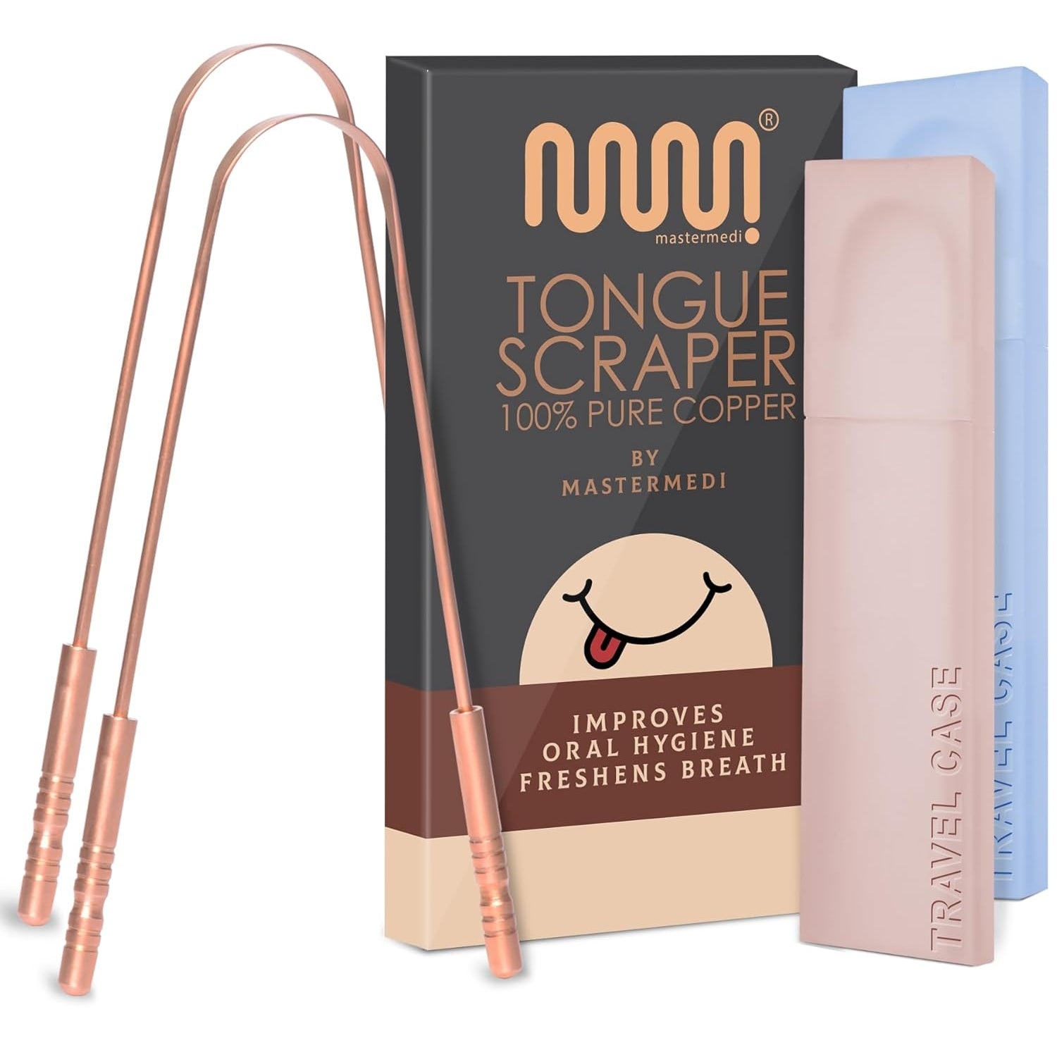 MasterMedi Tongue Scraper for Adults with Multicolor Travel Cases (2 Pack), 100% Stainless Steel, Reduce Bad Breath, Tongue Scrubber, Easy to Use, Tongue Cleaner for Oral Care & Hygiene - Medaid International
