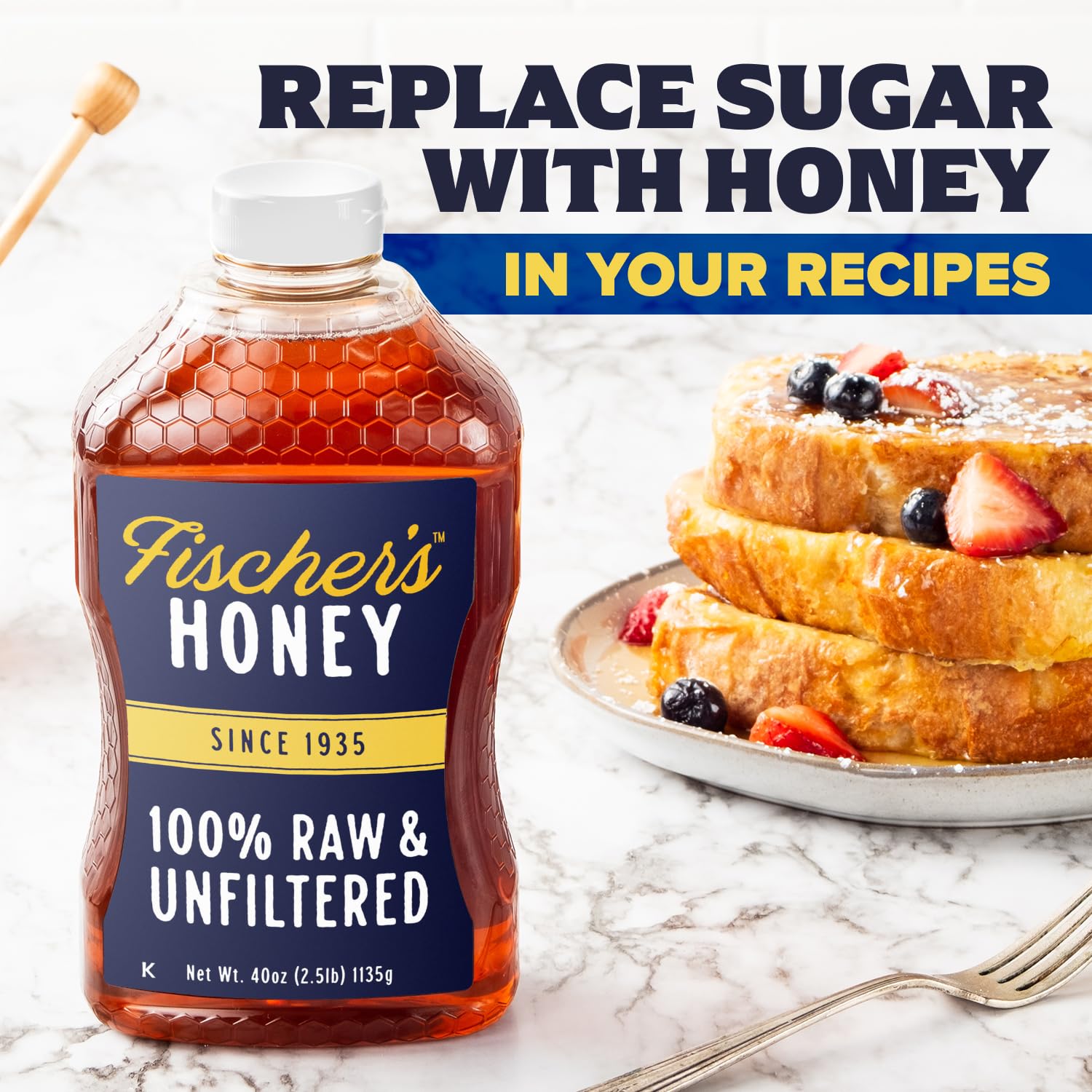 Fischer's 100% Pure, Raw & Unfiltered Honey, 40 oz – USA Made Honey – All-Natural Sweetener – Rich Flavor Profile, Packed with Nutrients - Medaid International