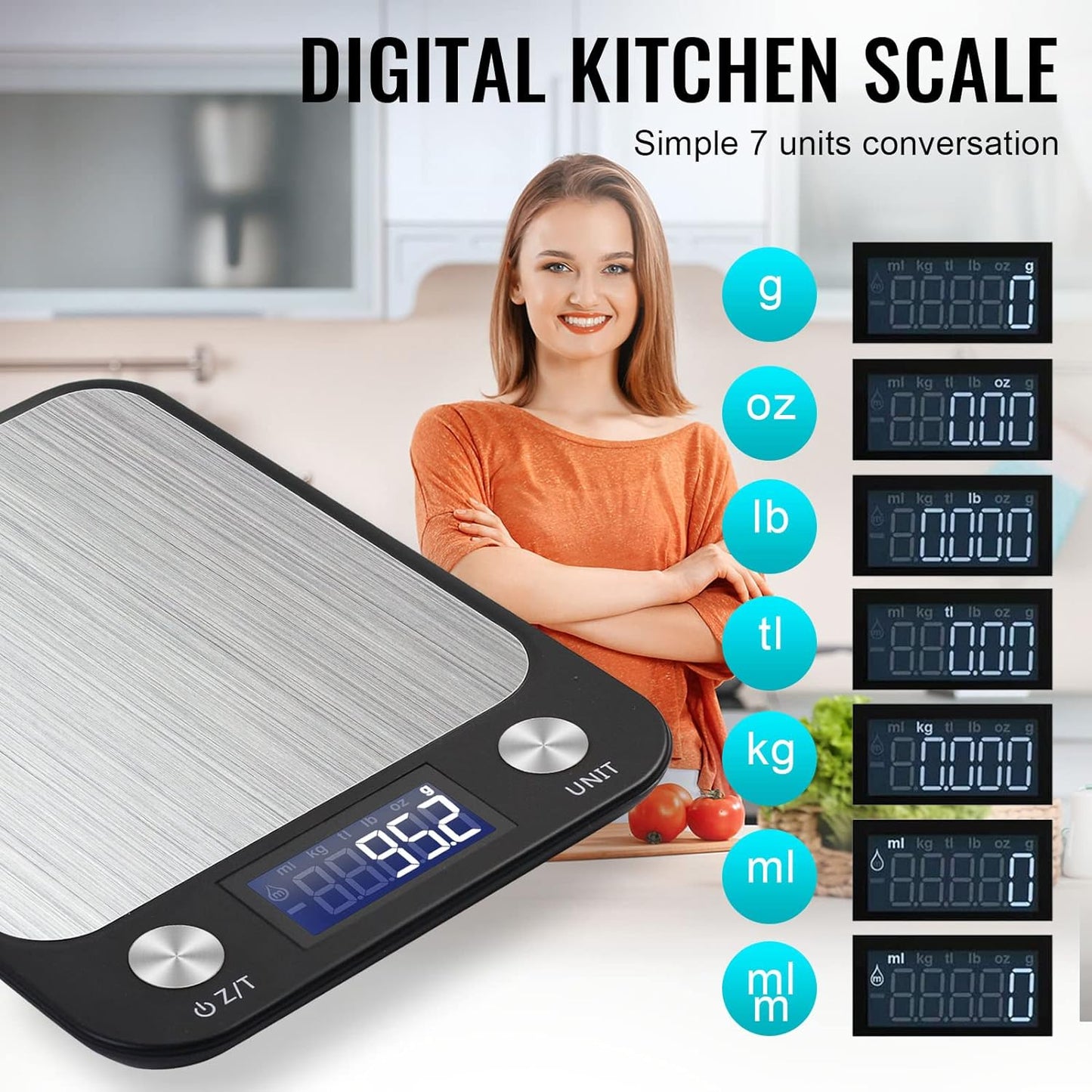SKY-TOUCH Digital Kitchen Scale Multifunction Food Scale, Touch Button, Ultra Slim with Large LCD Display, 11lb/5kg, 22lb/5kg, Stainless Steel (Batteries Included) (10000g/1g) - Medaid - Lebanon