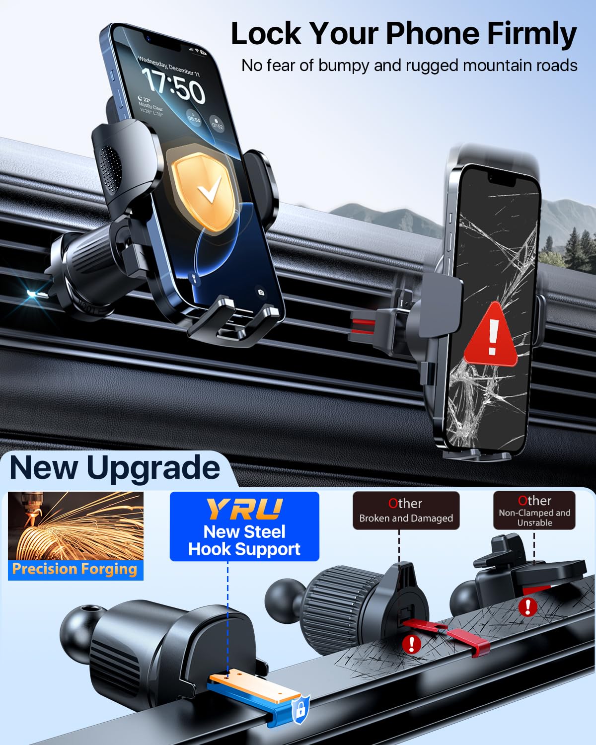 YRU [2025 Ultimate Car Phone Holder Mount [Bendable & Adjustable Aluminum Arm] Cell Phone Holder for Car Dashboard Windshield Phone Stand for iPhone 17 16 15 14 Pro Max Samsung Pickup Truck, Black - Medaid International