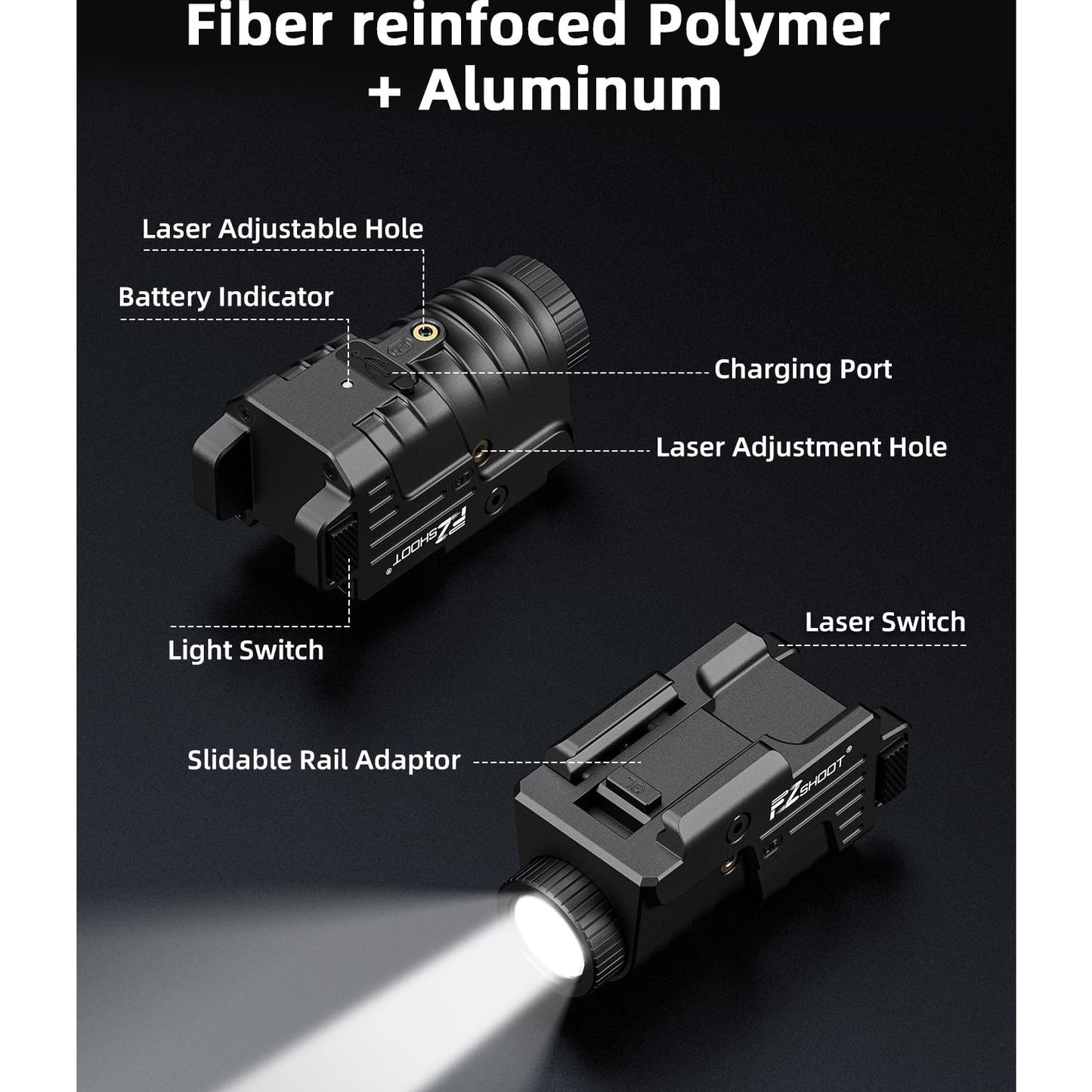 EZshoot 800 Lumens Pistol Light Laser Combo Rechargeable, Pistol Flashlight with Slidable Rail Compatible with Glock and Picatinny Rail, Tactical Flashlight with Green Laser Beam - Medaid International