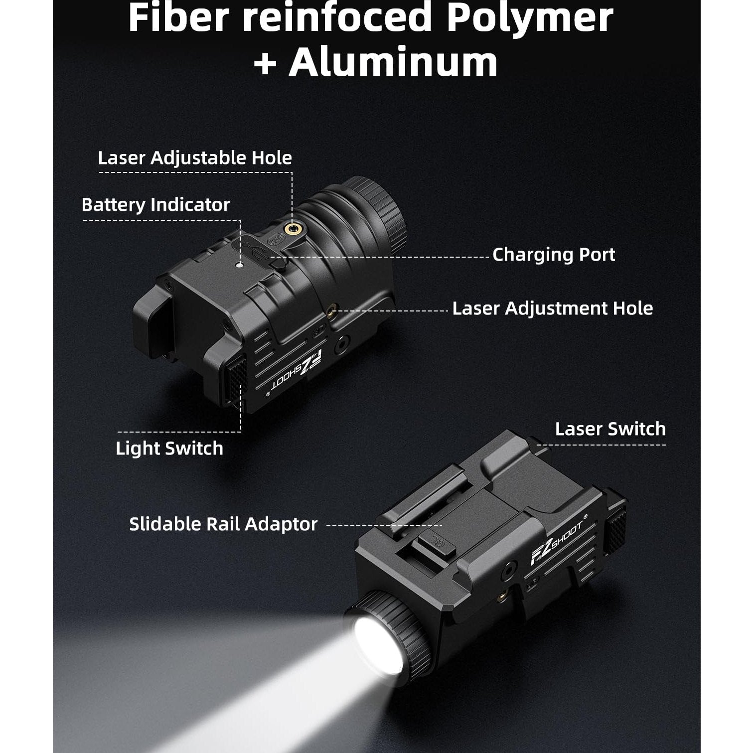 EZshoot 800 Lumens Pistol Light Laser Combo Rechargeable, Pistol Flashlight with Slidable Rail Compatible with Glock and Picatinny Rail, Tactical Flashlight with Green Laser Beam - Medaid International