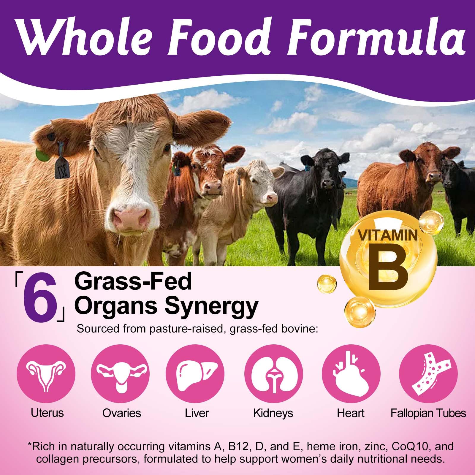 Beef Organ Supplement for Women with Beef Liver, Kidney, Heart and Uterus Tissue, Supports Women's Overall Wellness, Hormone Balance, Energy, Skin Health, 100% Grass Fed, Non-GMO, 60 Capsules - Medaid International