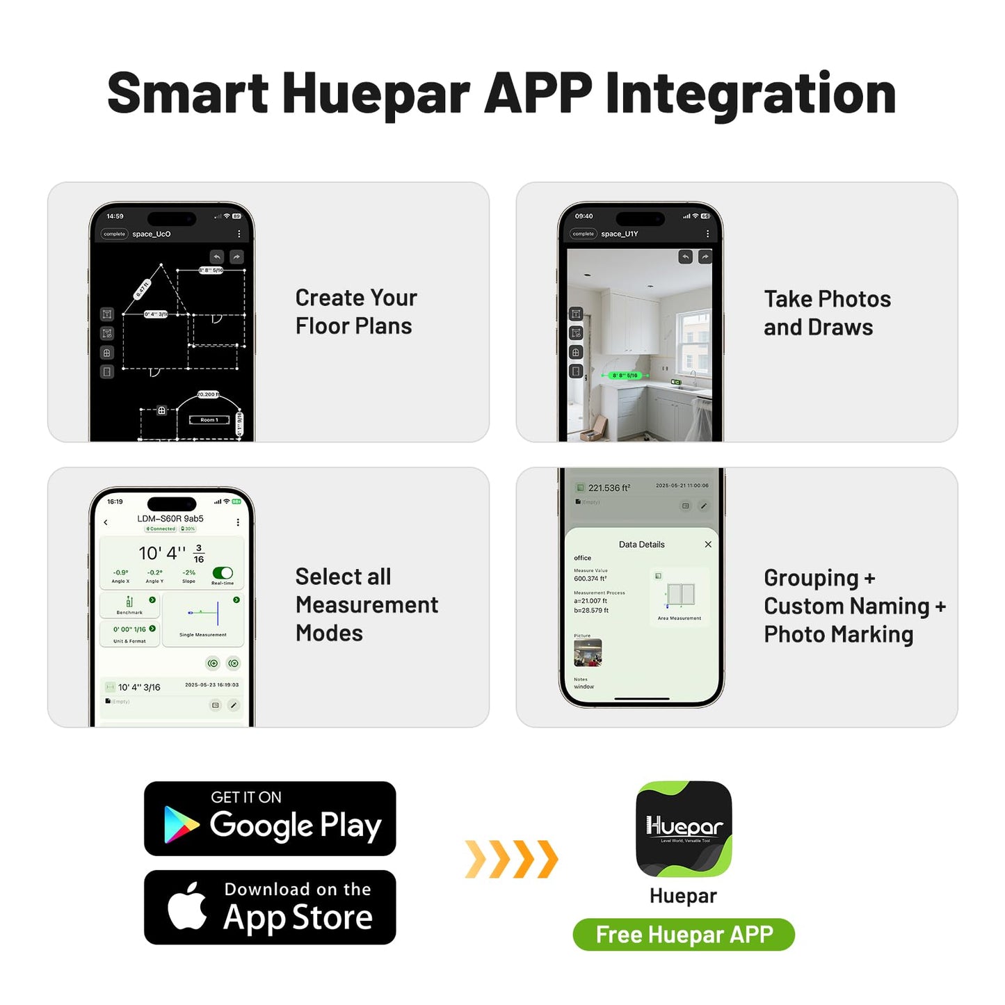 Huepar Laser Distance Measure 200Ft. Digital Rechargeable Laser Measuring Tool with Bluetooth -Phone APP, 1/16in Accuracy, Angle Sensor, M/in/Ft Unit, Pythagorean Mode, Measure Distance, Area, Volume - Medaid International