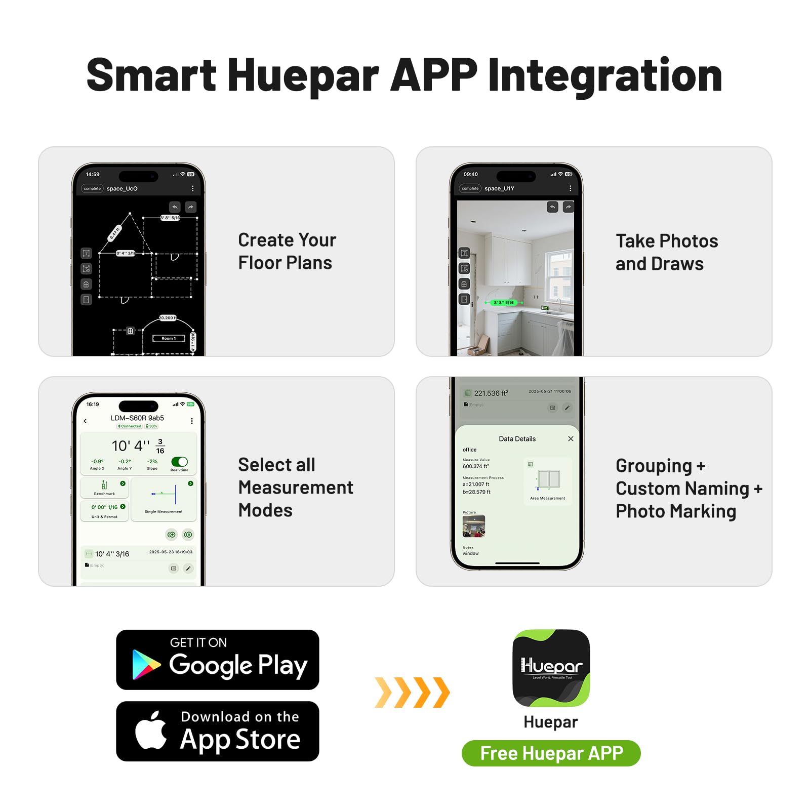 Huepar Laser Distance Measure 200Ft. Digital Rechargeable Laser Measuring Tool with Bluetooth -Phone APP, 1/16in Accuracy, Angle Sensor, M/in/Ft Unit, Pythagorean Mode, Measure Distance, Area, Volume - Medaid International
