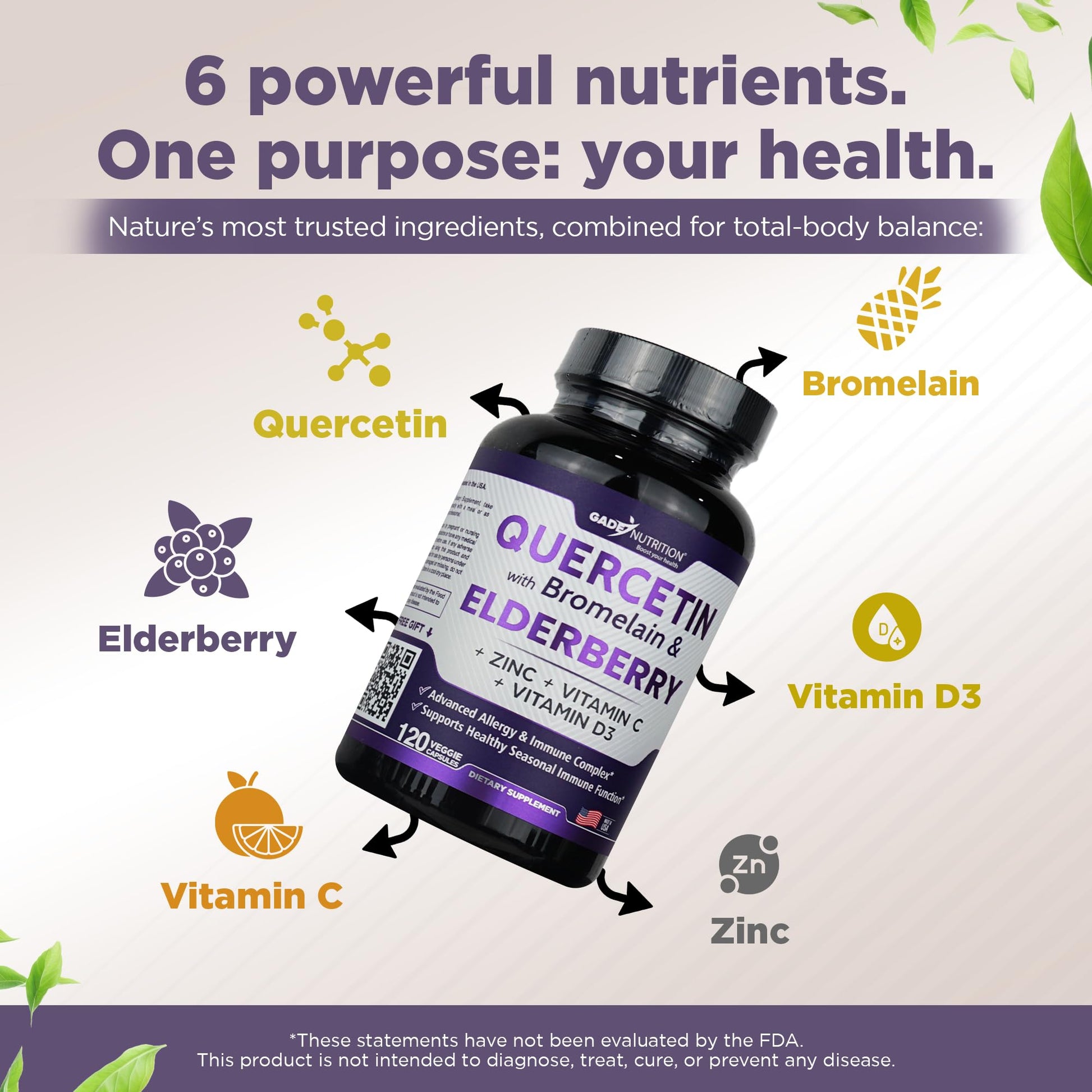 Gade Nutrition Quercetin with Bromelain & Elderberry | Quercetin with Vitamin C and Zinc | Zinc Quercetin 500mg with Vitamin D3 | Daily Immune Support Supplement - 2 Months Supply - Medaid International