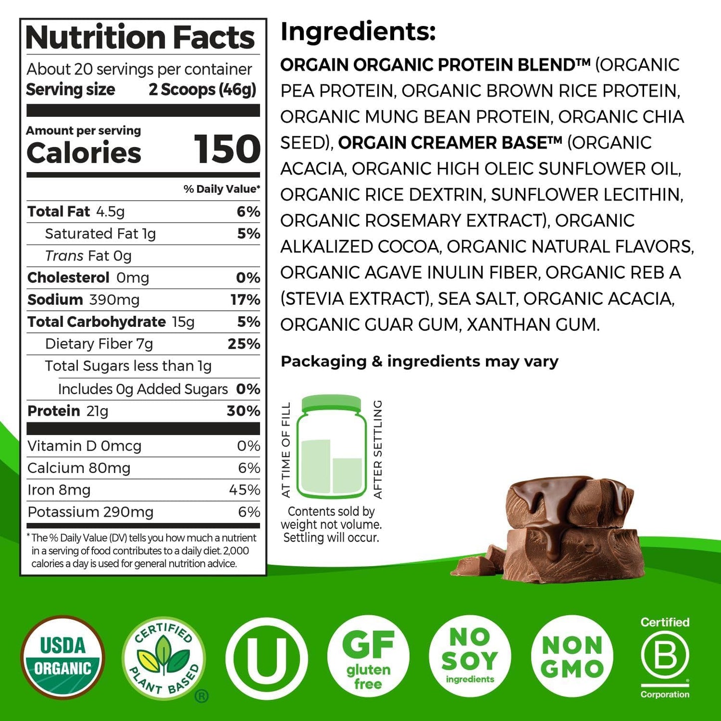 Orgain Organic Vegan Protein Powder, Creamy Chocolate Fudge - 21g Plant Protein, 6g Prebiotic Fiber, Low Net Carb, No Lactose Ingredients, No Added Sugar, Non-GMO, For Shakes & Smoothies, 2.03 lb - Medaid International