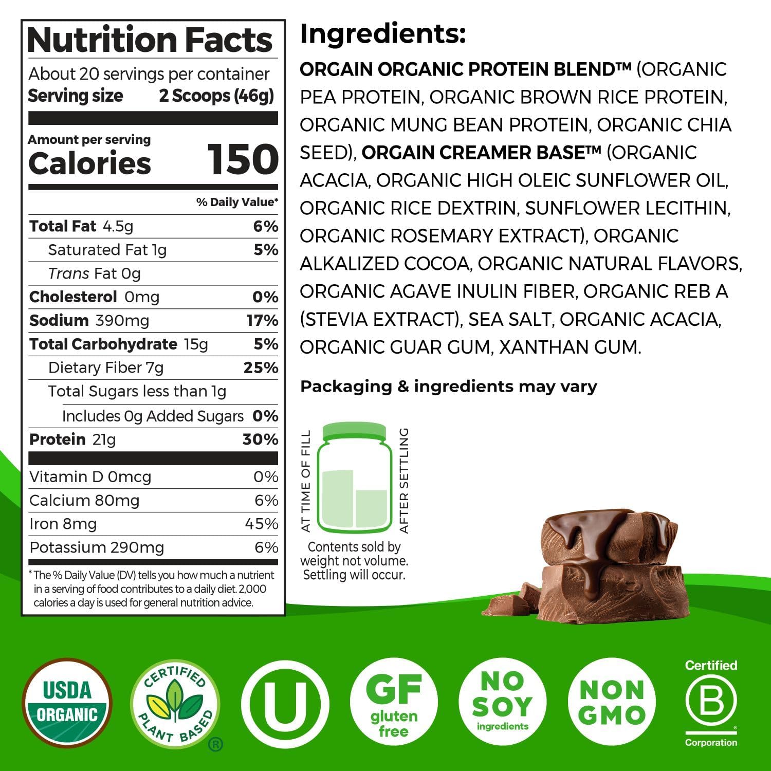 Orgain Organic Vegan Protein Powder, Creamy Chocolate Fudge - 21g Plant Protein, 6g Prebiotic Fiber, Low Net Carb, No Lactose Ingredients, No Added Sugar, Non-GMO, For Shakes & Smoothies, 2.03 lb - Medaid International