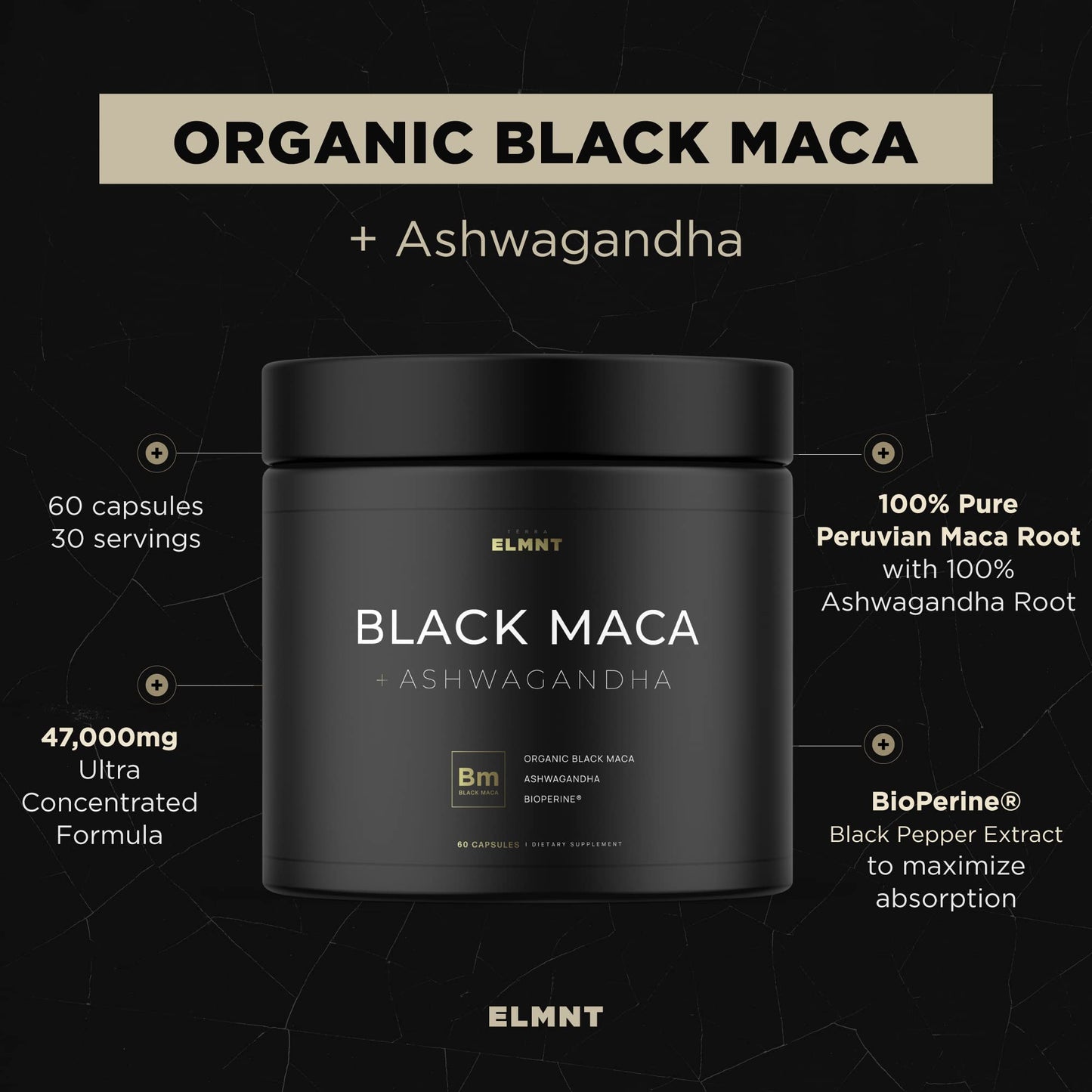 ELMNT 40,000mg 40x Strength Organic Black Maca Root w. Ashwagandha - #1 Highest Potency Black Maca Root Capsules for Men Supplement 40:1 Extract - 100% Pure Maca Peruana Maca Powder Pills Gelatinized - Medaid International