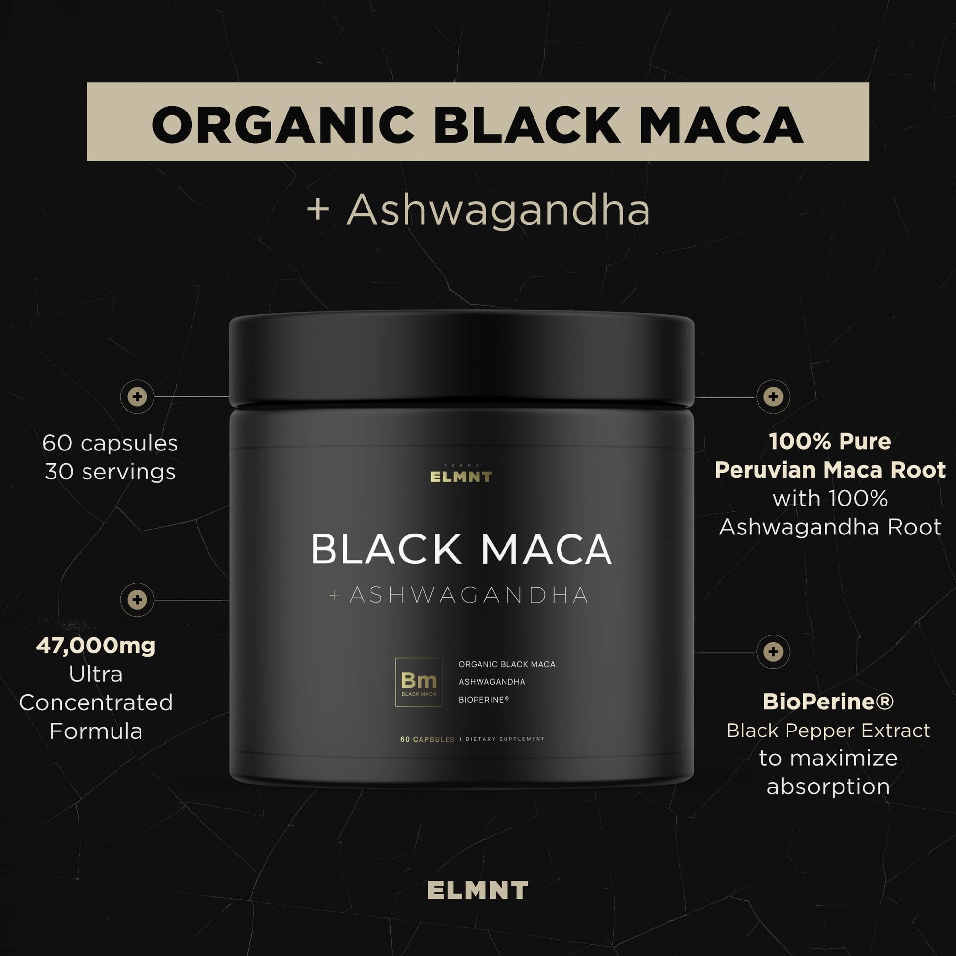 ELMNT 40,000mg 40x Strength Organic Black Maca Root w. Ashwagandha - #1 Highest Potency Black Maca Root Capsules for Men Supplement 40:1 Extract - 100% Pure Maca Peruana Maca Powder Pills Gelatinized - Medaid International