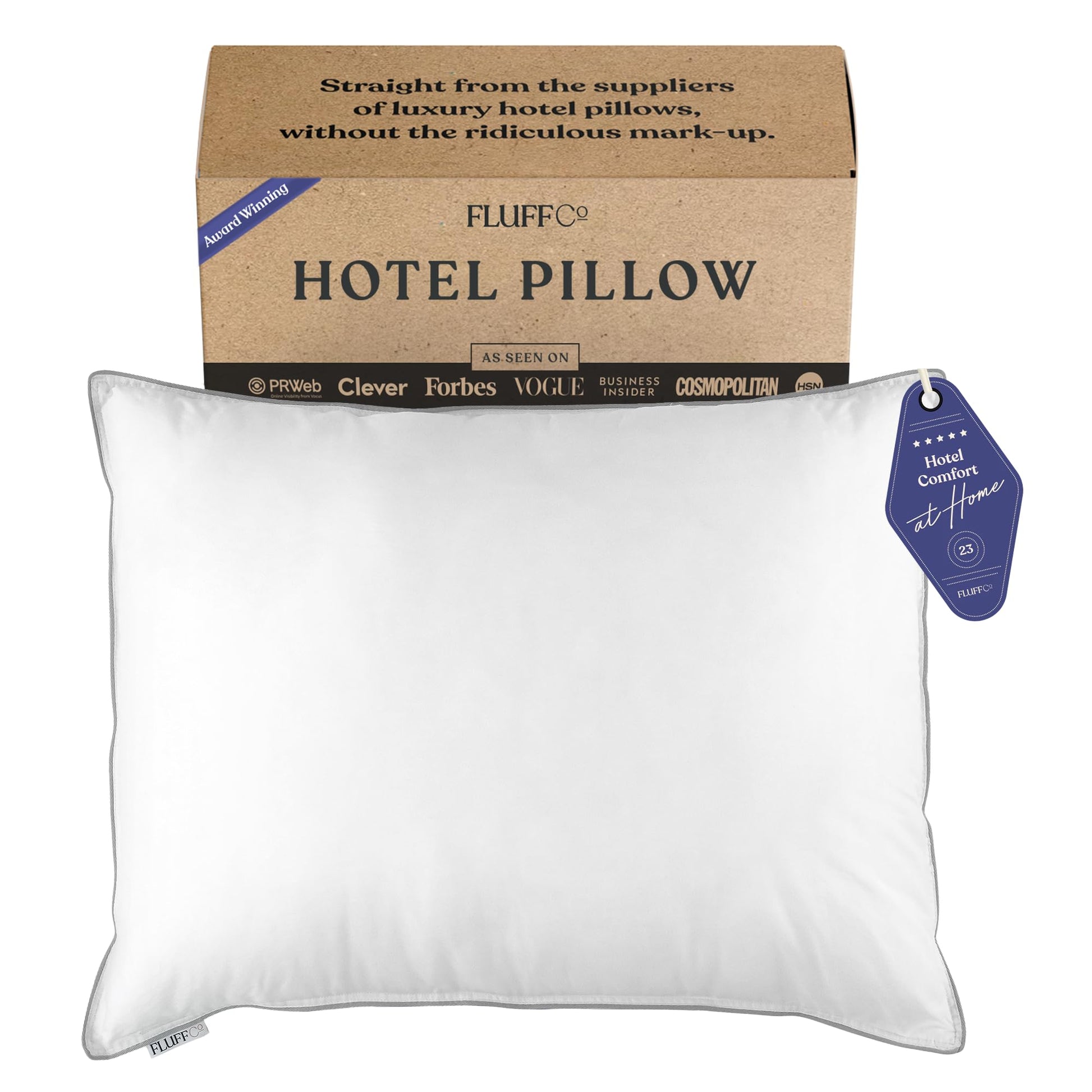 FluffCo Zen Fluff Down Standard/Queen Pillow with 600 Fill Power White Duck Down Stomach Sleeper Pillows - Luxury Hotel Quality 300 Thread Count - 100% Cotton Feather Pillows (Soft Queen Size 1 Pack) - Medaid International