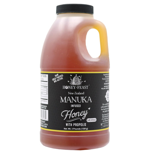 HONEY FEAST Manuka and Propolis Infused Honey | New Zealand Manuka infused Honey Blend with Propolis | Bulk Honey | MGO182 | Patent Pending Formula | 3lb Jar - Medaid International