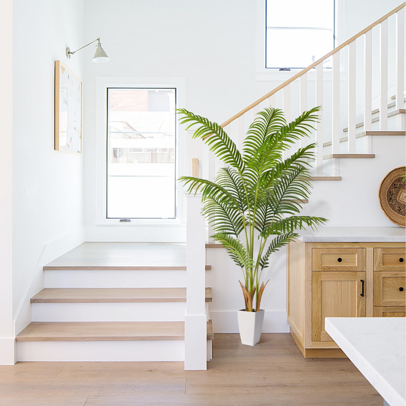 Alupssuc 5ft Artificial Palm Tree with White Planter, Tall Fake Palm Tree with Natural Trunk and Lifelike Leaves for Home Office Housewarming Gift, Artificial Silk Plant for Living Room Decor Indoor - Medaid International