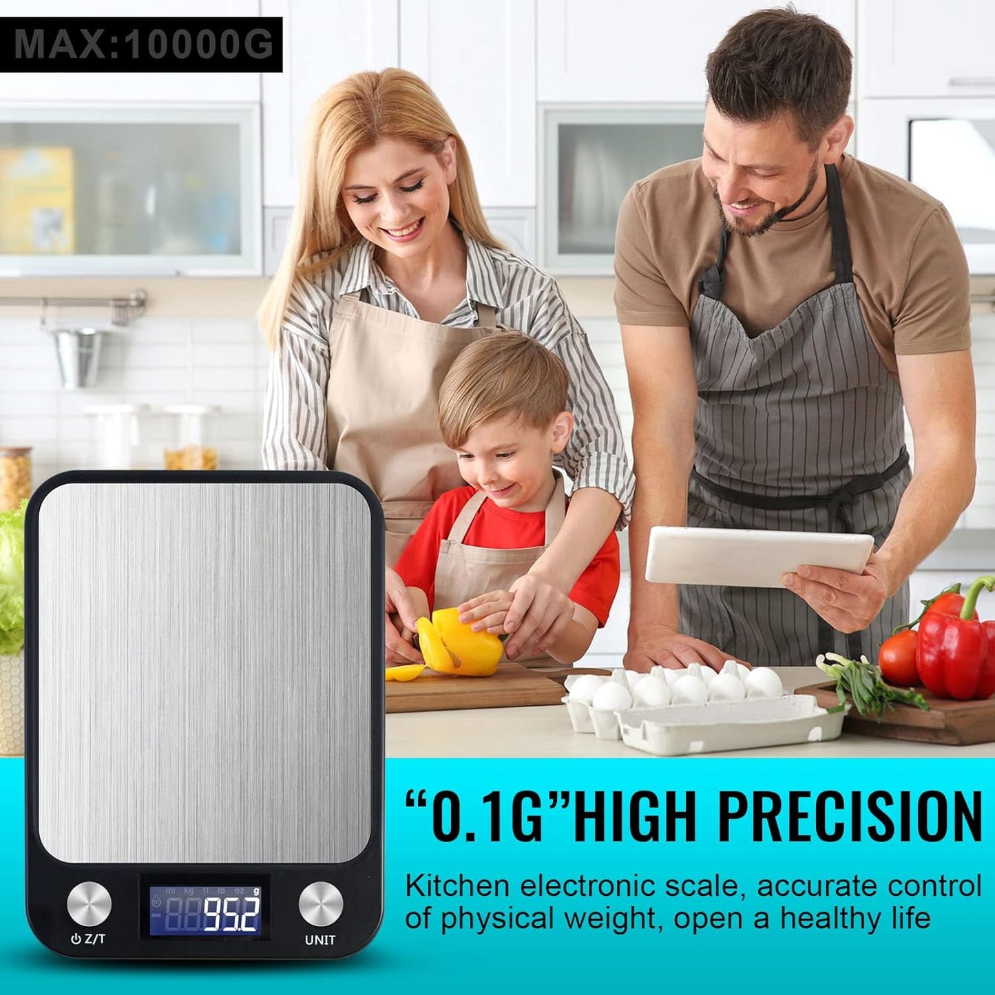 SKY-TOUCH Digital Kitchen Scale Multifunction Food Scale, Touch Button, Ultra Slim with Large LCD Display, 11lb/5kg, 22lb/5kg, Stainless Steel (Batteries Included) (10000g/1g) - Medaid - Lebanon