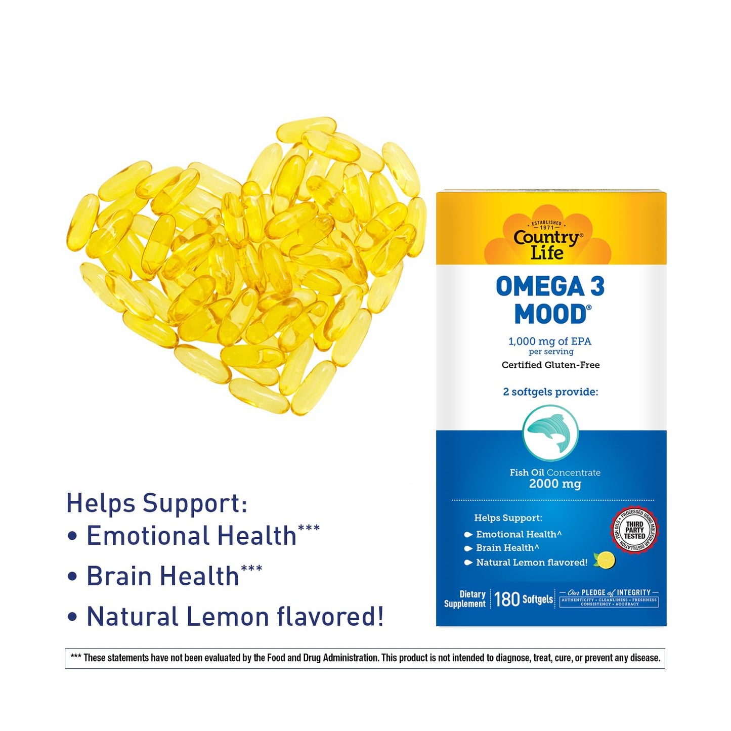 Country Life Omega 3 Fish Oil Supplement - High Concentration EPA and DHA Omega 3 Fatty Acids - 2000mg Fish Oil for Emotional Health, Mood Support, and No Fish Taste - Natural Lemon Flavor - Medaid International