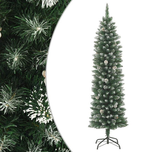 vidaXL 5 ft Artificial Slim Christmas Tree with White Snow Decoration and Steel Stand – Green PVC Holiday Decoration with 10 Cones and 266 Pointed Tips - Medaid International