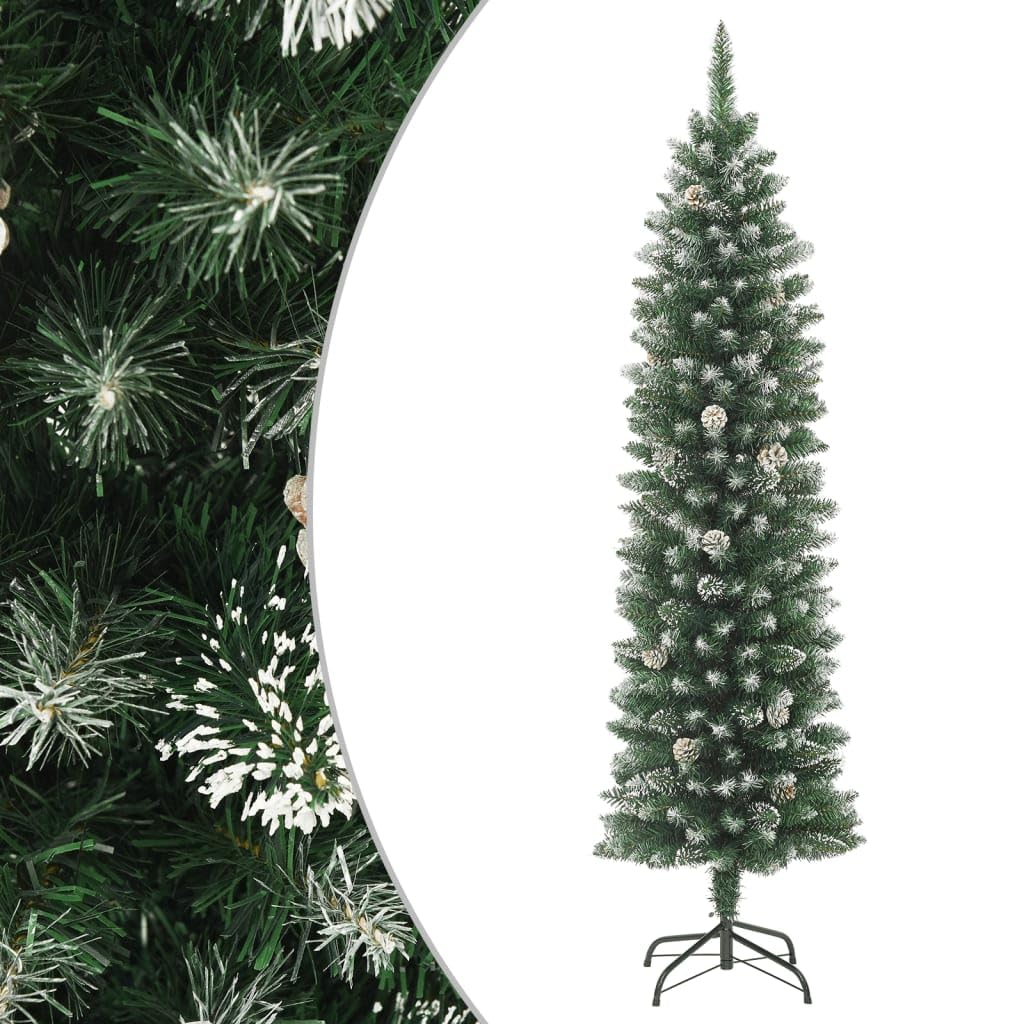 vidaXL 5 ft Artificial Slim Christmas Tree with White Snow Decoration and Steel Stand – Green PVC Holiday Decoration with 10 Cones and 266 Pointed Tips - Medaid International