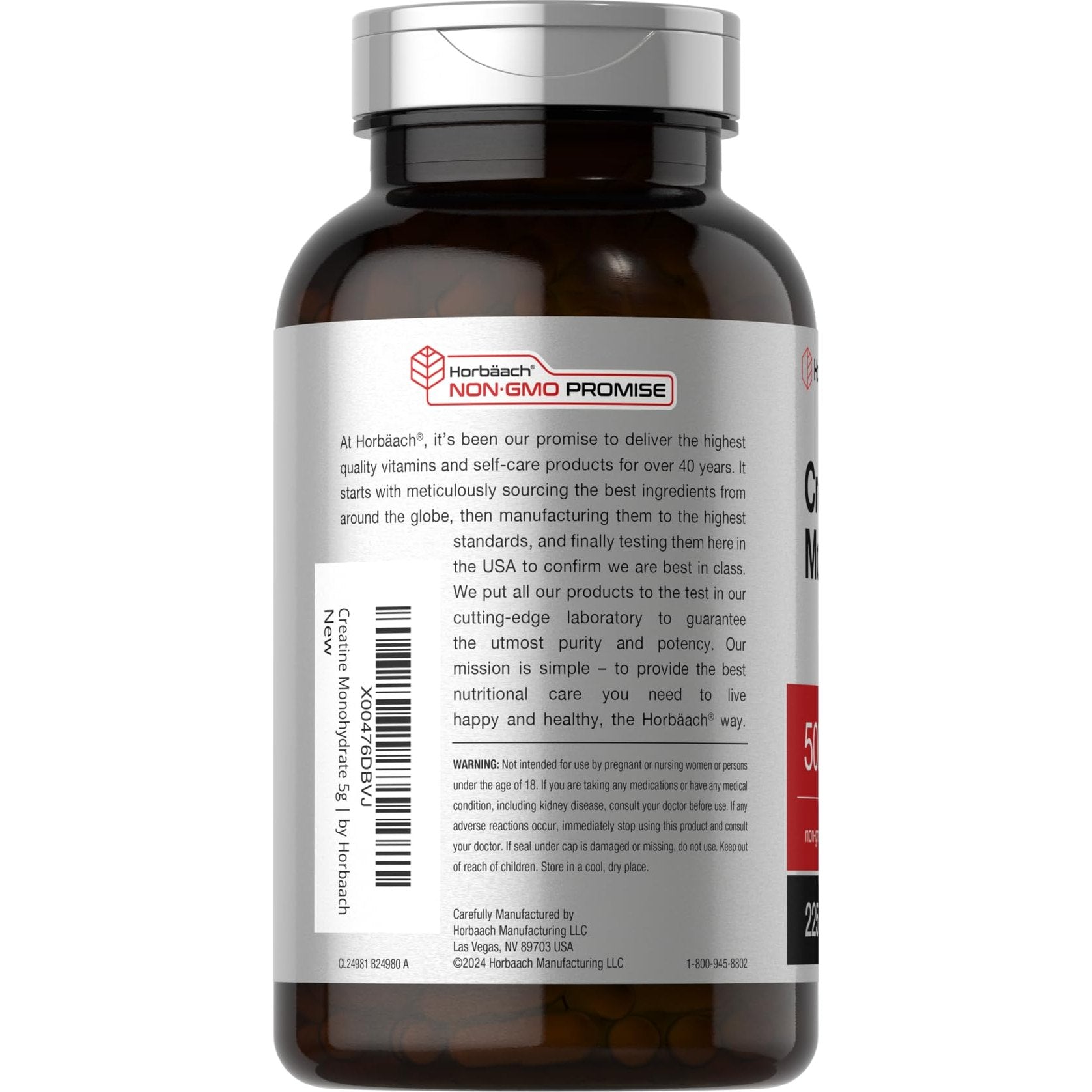 Horbäach Creatine Monohydrate | 5g | 225 Capsules | Non-GMO, Gluten Free Supplement - Medaid International