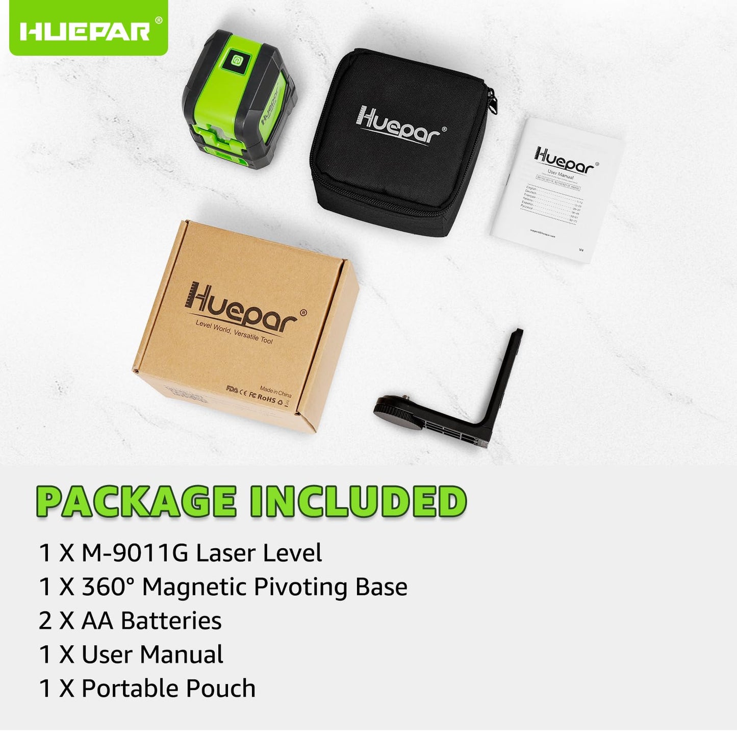 Huepar Laser Level, 100Ft Self Leveling Green Cross Line Laser for Picture Hanging, Tile, Decoration & DIY Construction – 360° Magnetic Base & AA Battery, Indoor Use - Medaid International