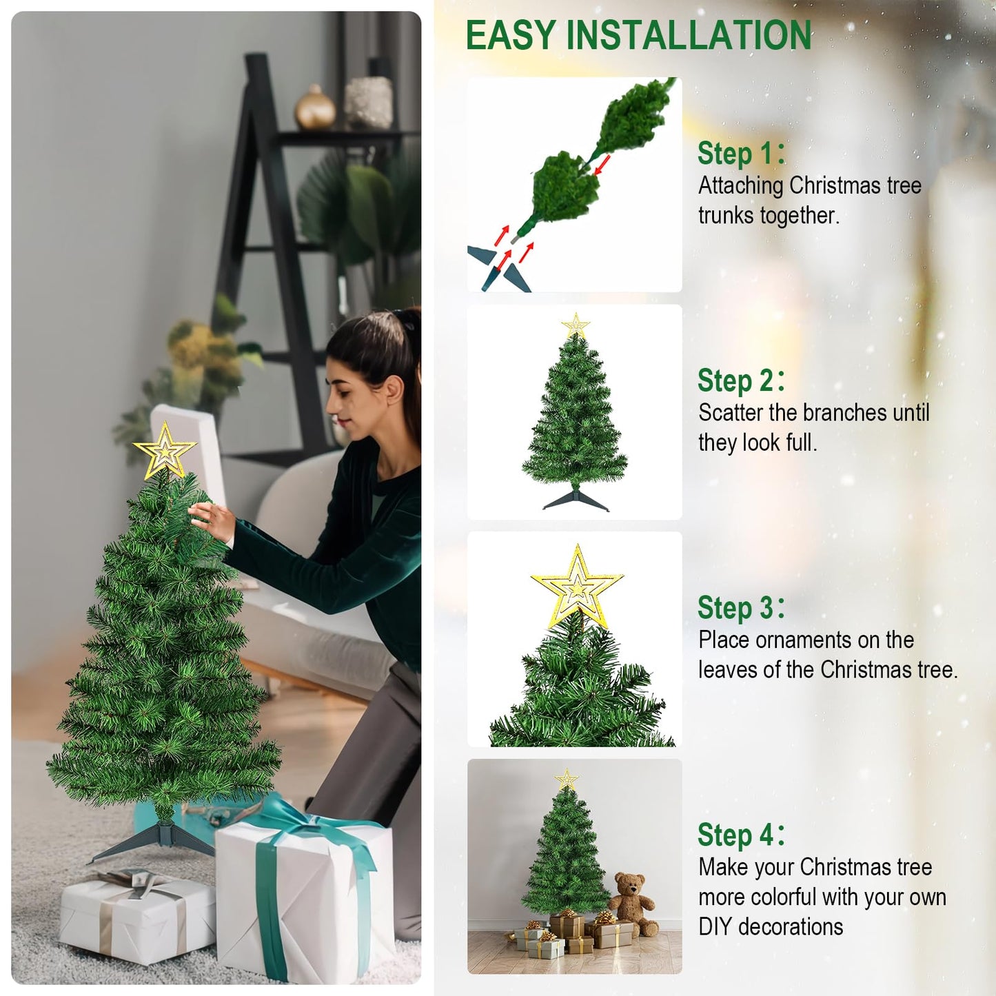 DUUDO 3FT Premium Hinged Artificial Holiday Small Mini Christmas Tree for Tabletop,Home, Office, Indoor and Outdoor Holiday Decoration,Easy Assembly Metal Hinges & Foldable Base - Medaid International