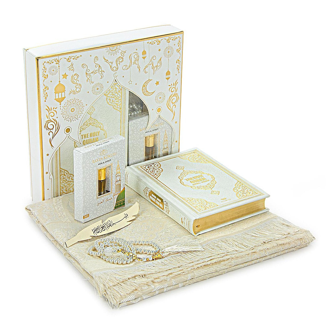 ihvan online Prayer Gift Set for Hajj and Umrah, Muslim Prayer Rug, Prayer Mat, Beads Taasbih, Holy Quran Translated English, Muslim Praying Mat, Islamic Gift Set for Ramadan & Eid, White - Medaid International