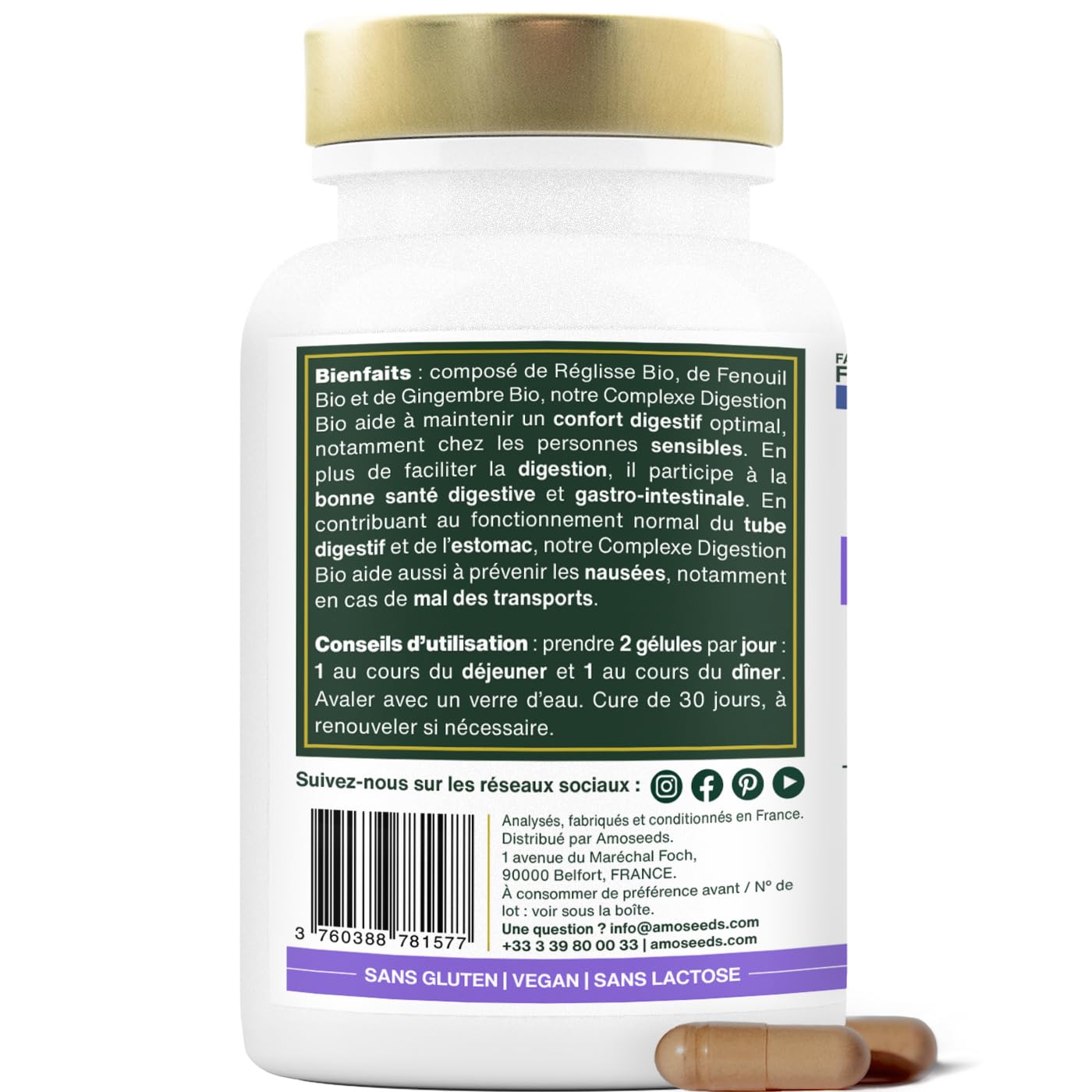 Digestion BIO | Confort Digestif et Santé de l’Estomac | Réglisse, Fenouil, Gingembre | Améliore la Digestion, Réduit les Inconforts | 60 gélules de 400mg | Fabriqué en France | Qualité Supérieure - Medaid International