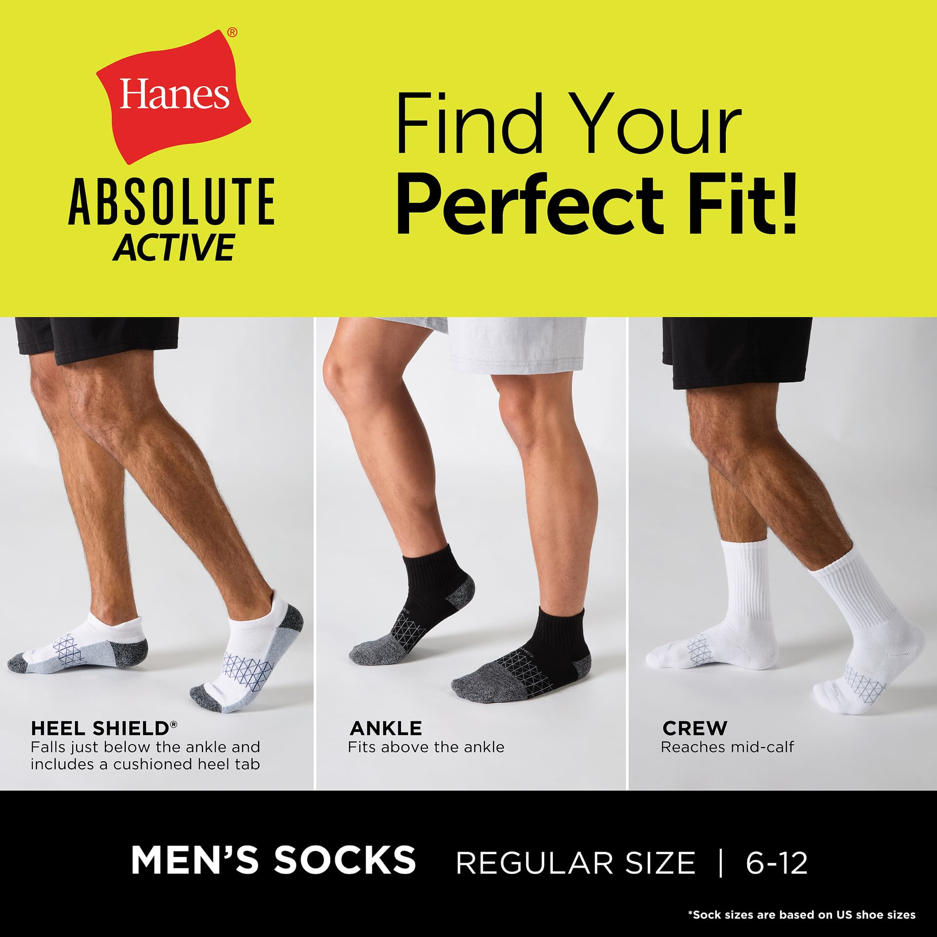 Hanes Men's Absolute Active Cushioned Crew, Moisture Wicking Socks, Seamless Toe, 4-Pack, White, 6-12 - Medaid International