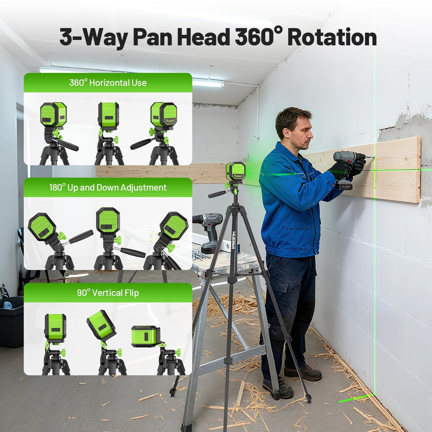 Laser Level with 60 Inch Tripod, Huepar 100Ft Self Leveling Laser Level Rechargeable Green Cross Line Lazer Leveler Tool for Picture Hanging, Tile, Home Renovation, 360° Magnetic Bracket &Target Plate - Medaid International