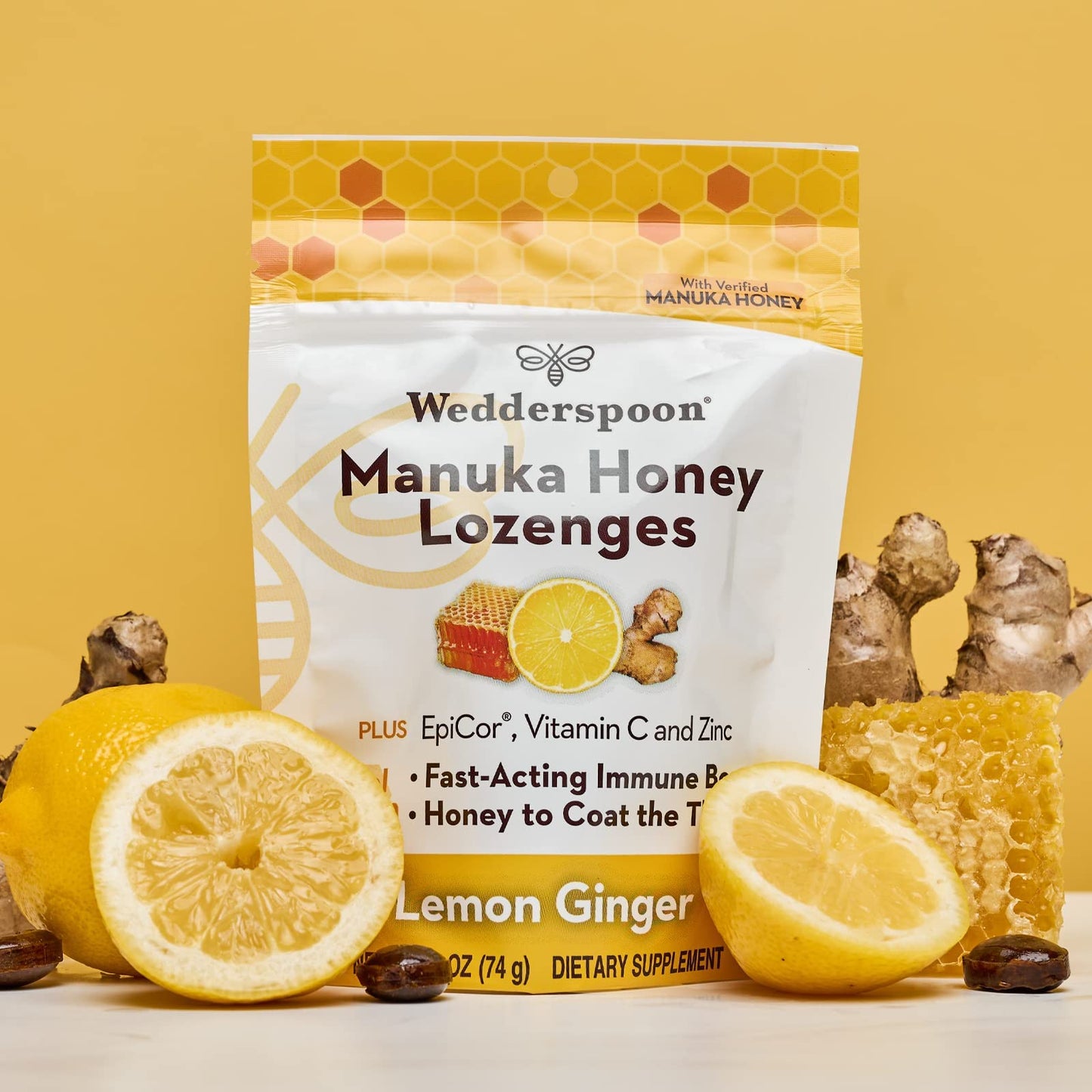 Wedderspoon Manuka Honey Immunity Lozenges, Lemon Ginger, 2.6 Oz (Pack of 1), Genuine New Zealand Honey, Boost Immunity Within Two Hours - Medaid International