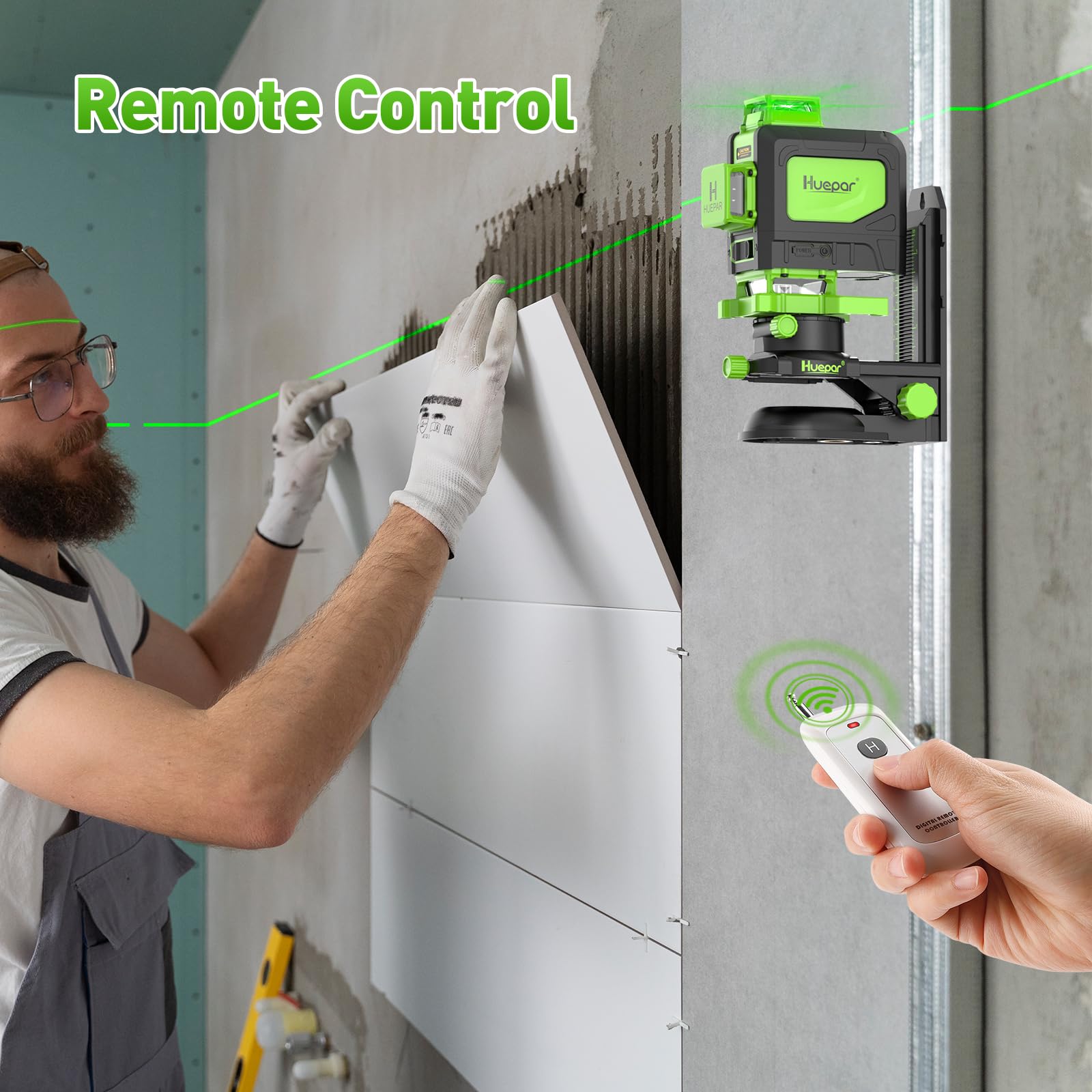 Huepar Laser Level 360 Self Leveling, 16 Lines High Accuracy ±1/9" Green Laser Level with Remote Control, 4x360 Cross Line Tiling Floor Laser Tool, 4D for Construction 904DG - Medaid International