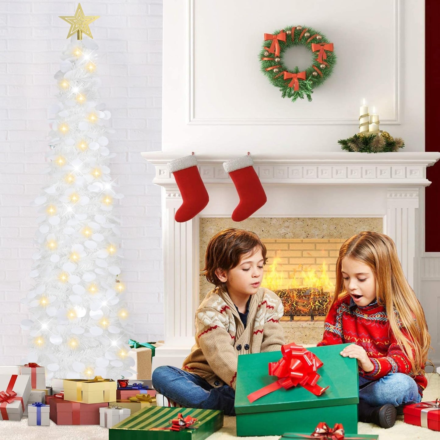 HMASYO 5 FT Pop Up Christmas Tree with Timer Lights, White Christmas Tinsel Tree, Collapsible Artificial Pencil Christmas Tree for Indoor Home Apartment Porch Holiday Party Decorations - Medaid International