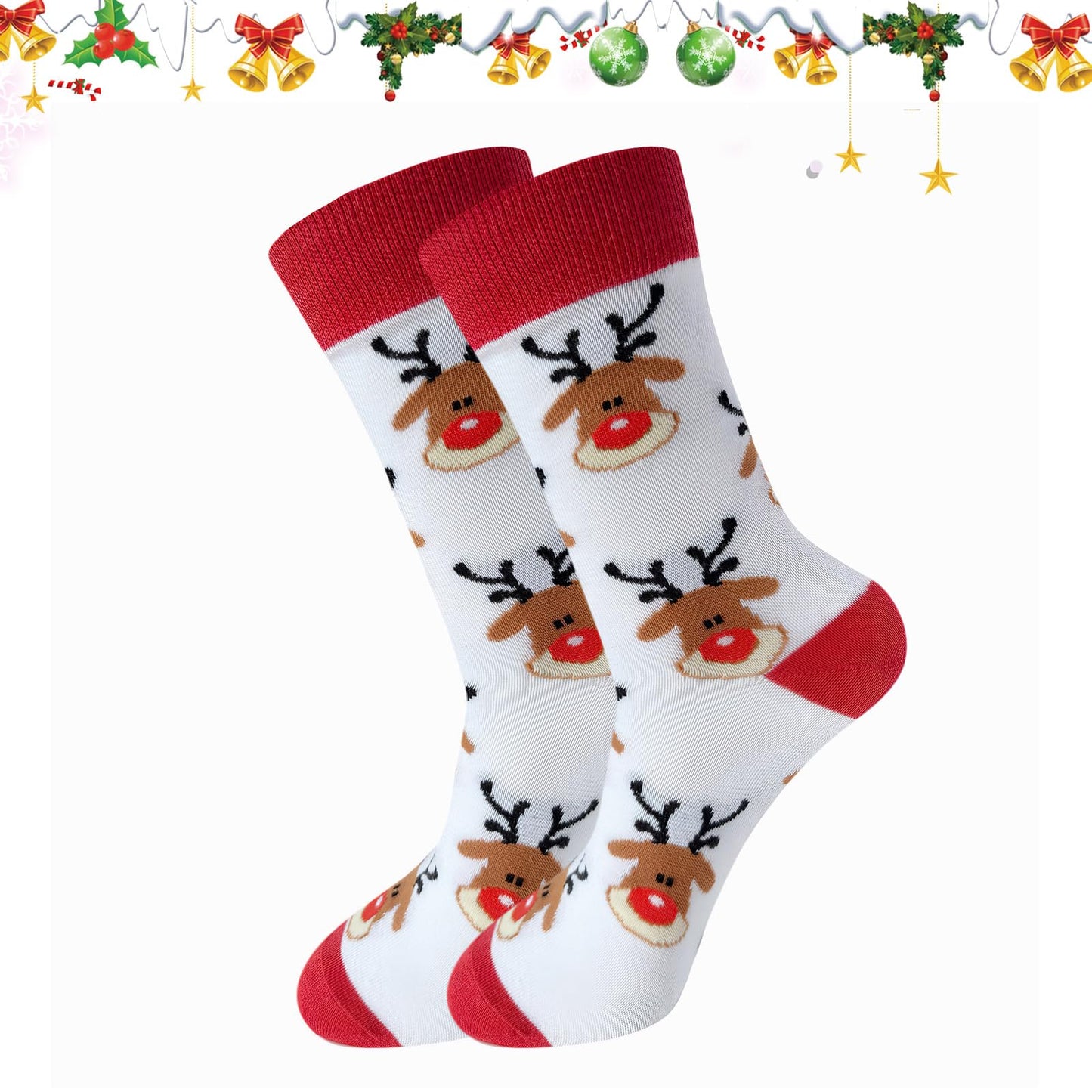 One Pair Christmas Socks Unisex Holiday Knit Style Warm Cozy Sock Accessory Daily Wear Festive Outfits(White Reindeer) - Medaid International