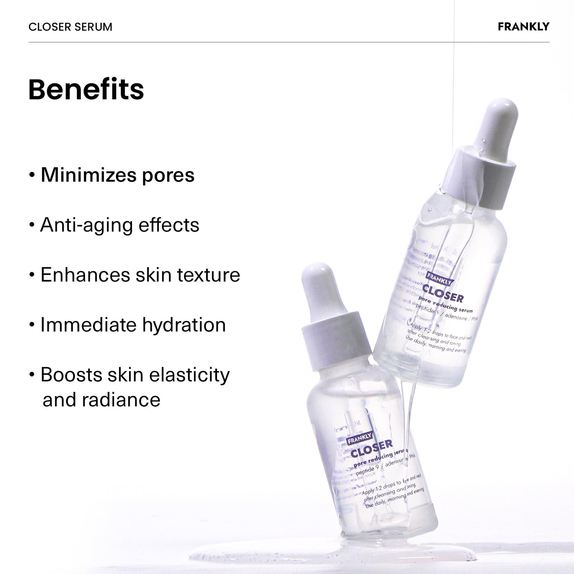 FRANKLY Closer Serum | Pore Minimizer Serum | 9 Peptides, Vegan Collagen, Adenosine, PHA | Korean Pore Minimizer for Glass Skin, Anti-Aging, Hydration, Elasticity | 1.01 fl oz - Medaid International