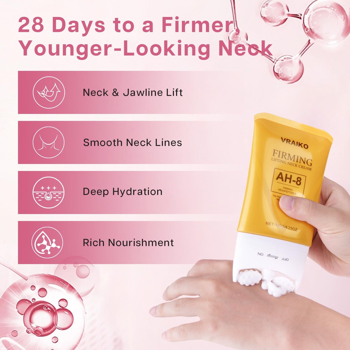 VRAIKO AH-8 Neck Firming Cream, 2-In-1 Gua Sha Neck Cream Roller with AH8 & Ceramide NP, Nourish Hydrate Double Chin Cream for Face Lift, Jawline & Sagging Skin (1PC) - Medaid International