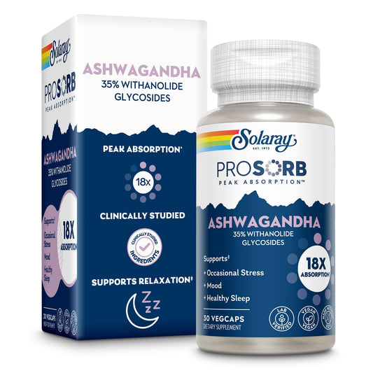 SOLARAY Ashwagandha Capsules 18X Absorption - Ashwagandha Root and Leaf Extract 240 mg - Occasional Stress Relief and Mood Support Supplement - Vegan, 60-Day Guarantee - 30 Servings, 30 VegCaps - Medaid International