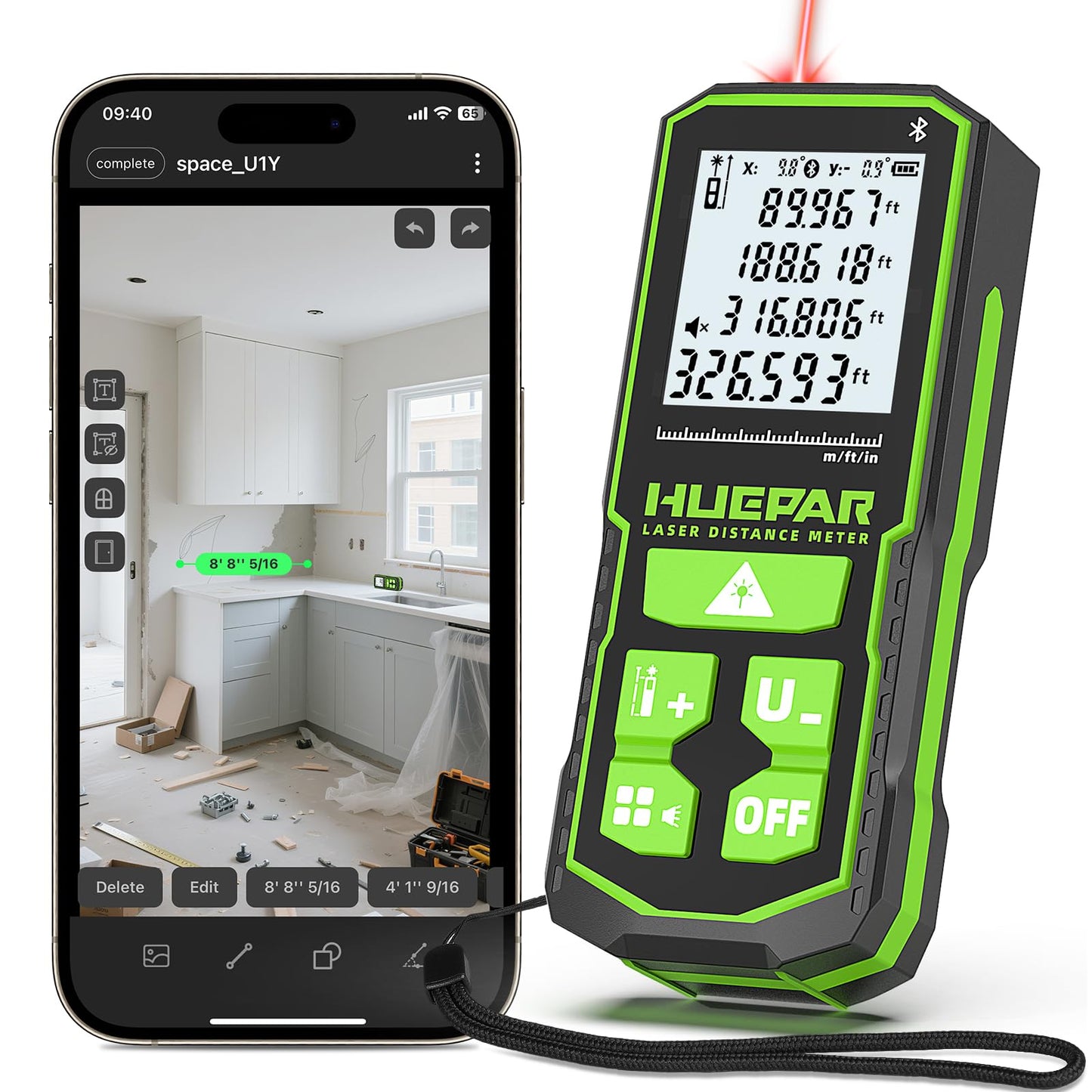 Laser Distance Measure 330Ft. Huepar Digital Rechargeable Laser Measuring Tool with Bluetooth -Phone APP, Angle Sensor, 1/16in Accuracy, M/in/Ft Unit, Pythagorean Mode, Measure Distance, Area, Volume - Medaid International