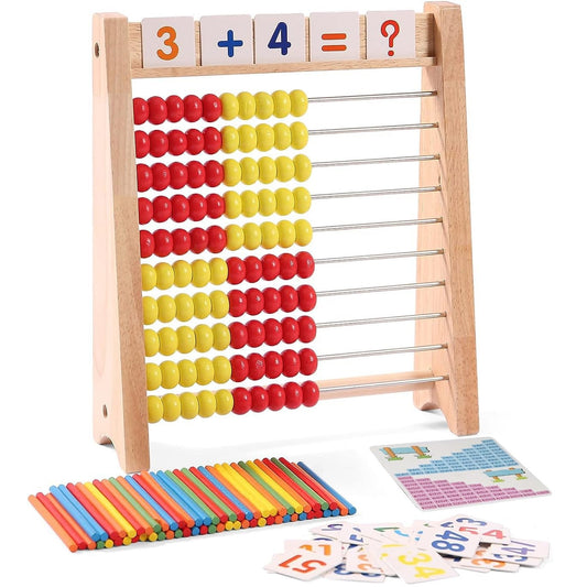 Elvozvets Wooden Abacus for Kids - Math Learning Tool with Counting Sticks & Numbers 1-100 Cards & Counters - Educational Toy for Preschool Boys & Girls - Medaid International