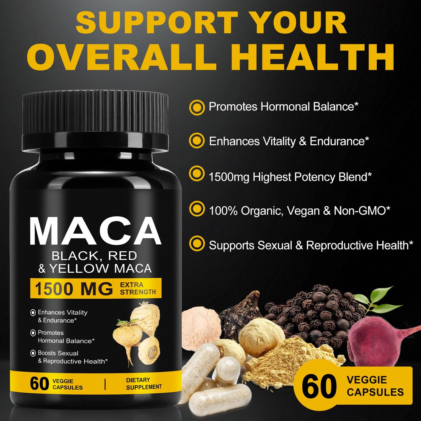 Daiasns Organic Maca Root Powder Capsules 1500 mg with Black + Red + Yellow Peruvian Maca Root Extract Supplement for Men and Women - 60 Vegan Capsules - Medaid International