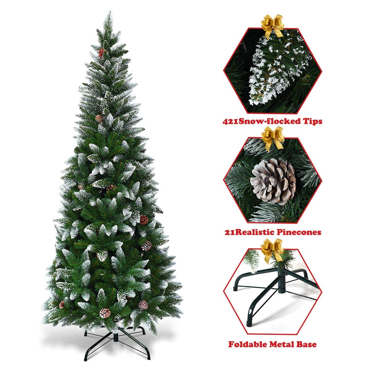 SPSUPE Artificial Pencil Christmas Tree, Snow Flocked Tree with Metal Stand, Pine Cones Decoration, Ideal for Festival Indoor Outdoor Décor (5 ft) (Christmas Tree) - Medaid International